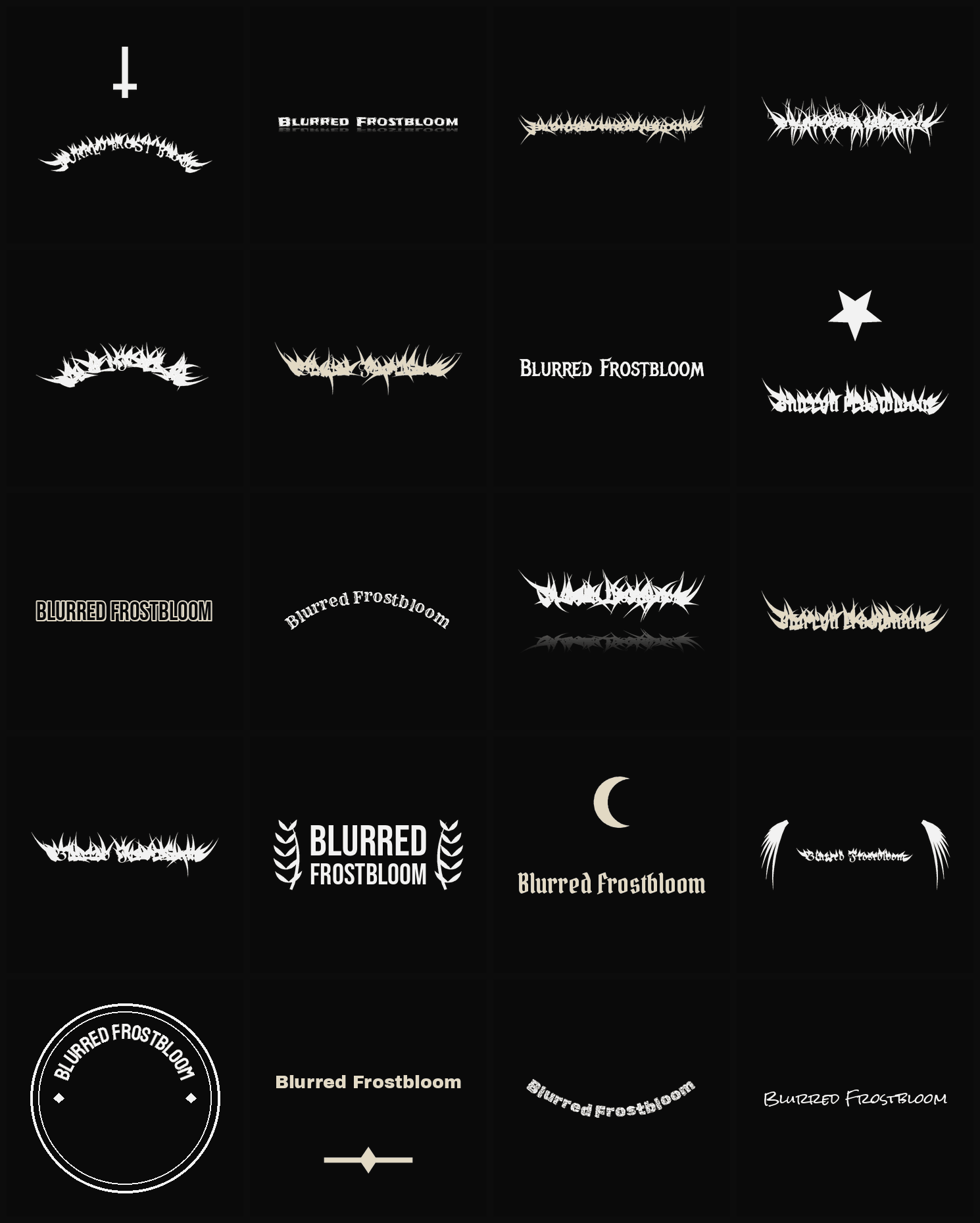 Twenty Blurred Frostbloom band logo ideas — different faces, treatments and spike settings