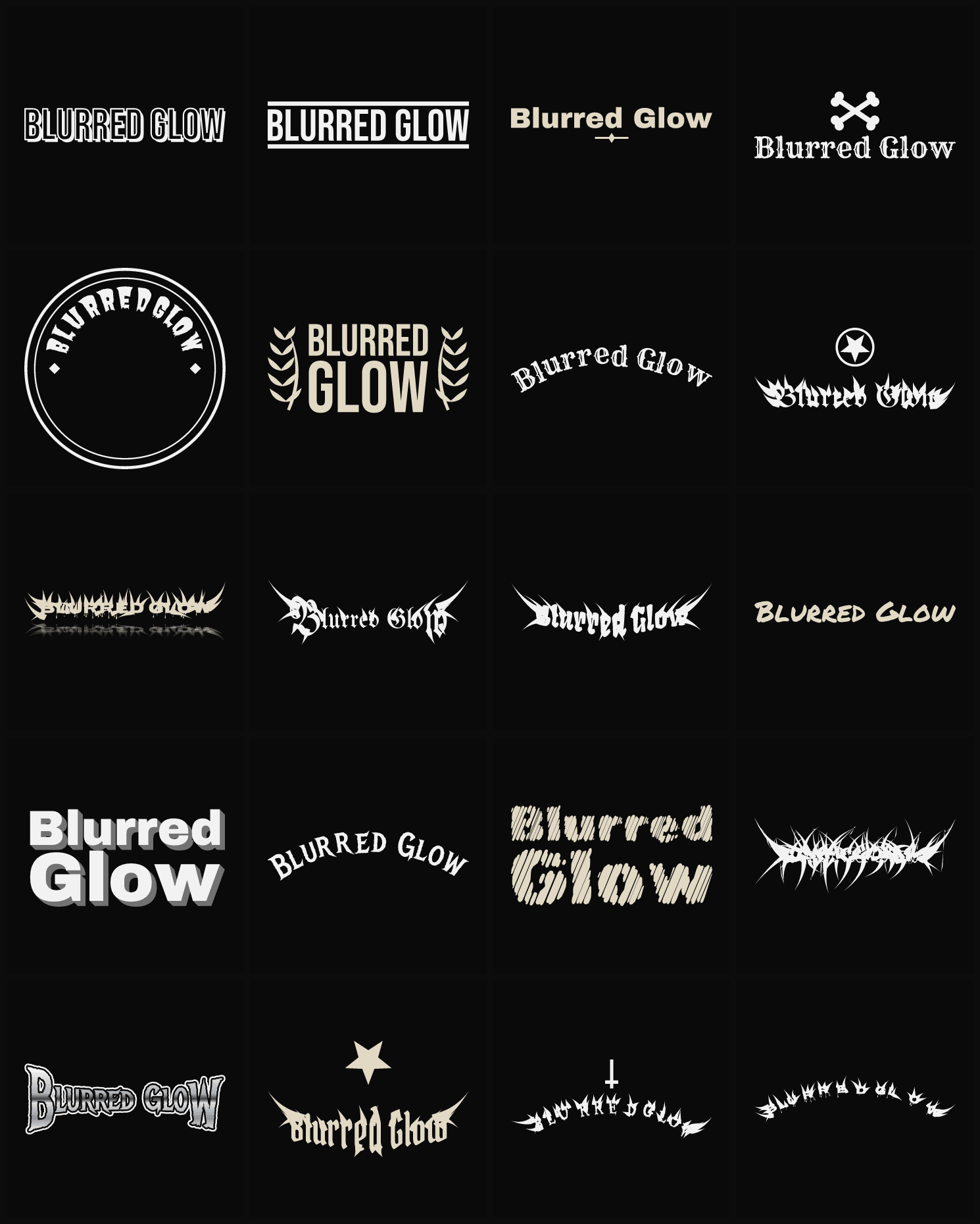 Twenty Blurred Glow band logo ideas — different faces, treatments and spike settings