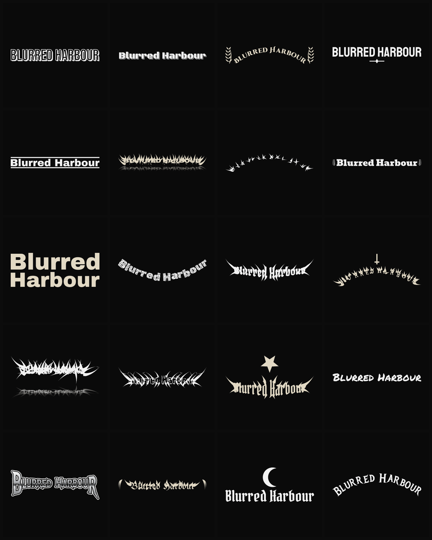 Twenty Blurred Harbour band logo ideas — different faces, treatments and spike settings