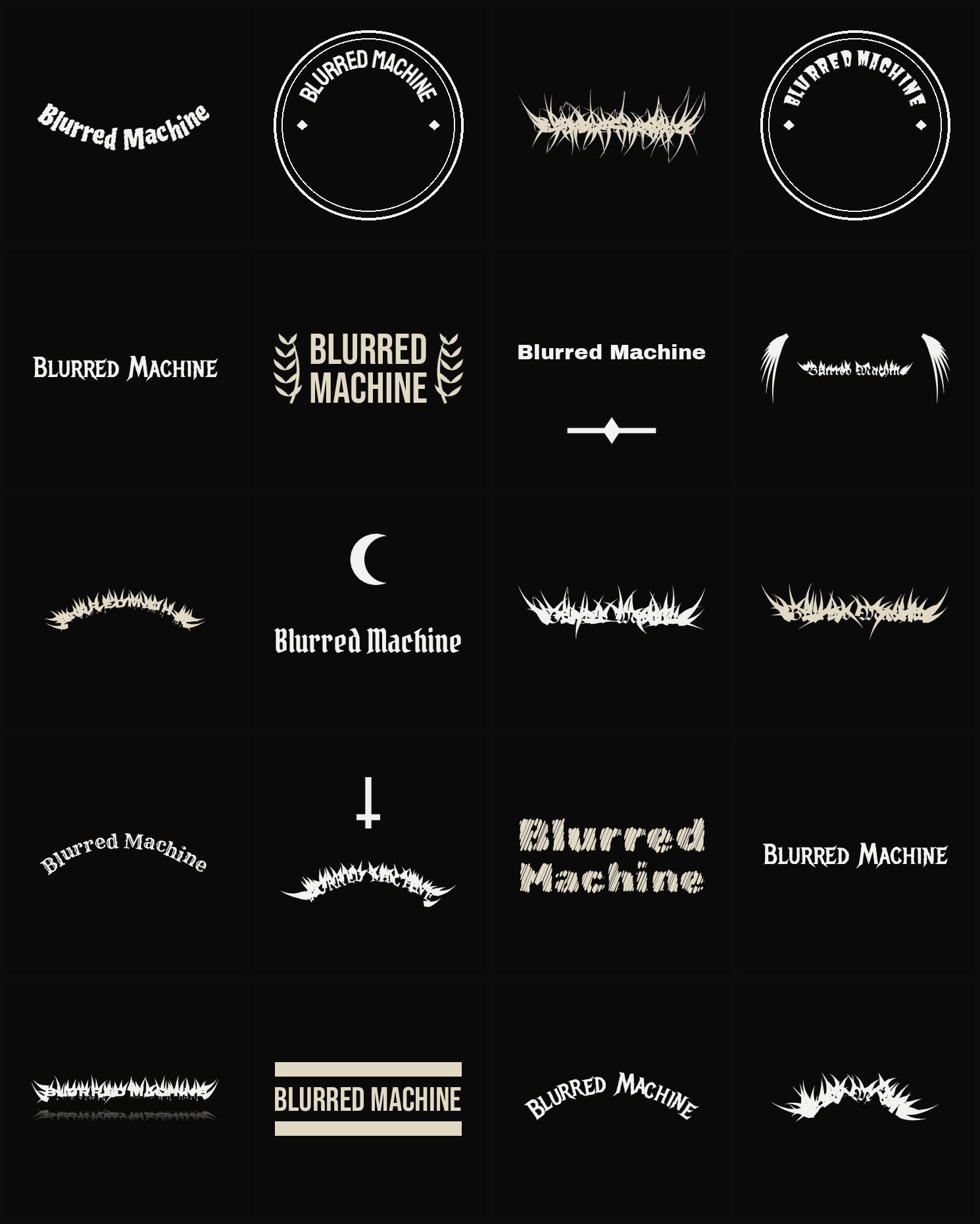 Twenty Blurred Machine band logo ideas — different faces, treatments and spike settings
