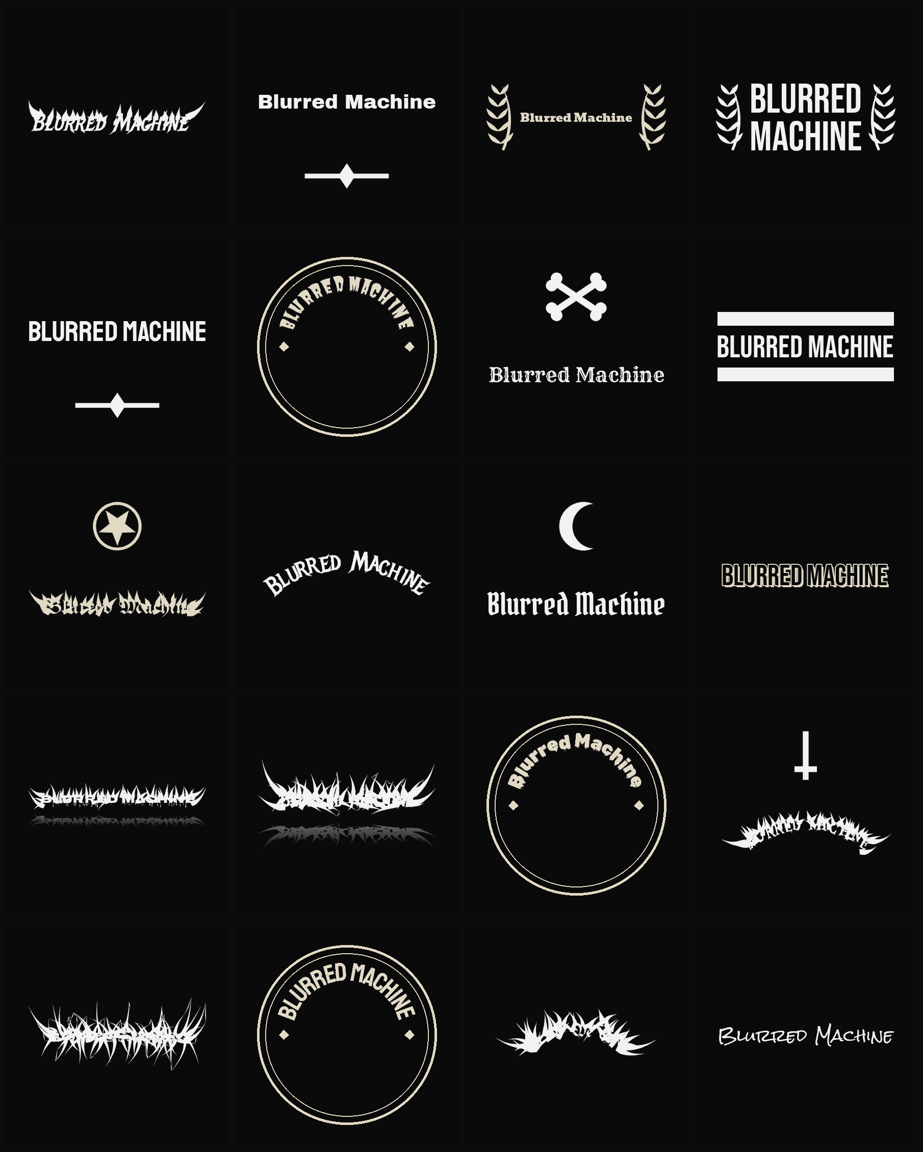 Twenty Blurred Machine band logo ideas — different faces, treatments and spike settings
