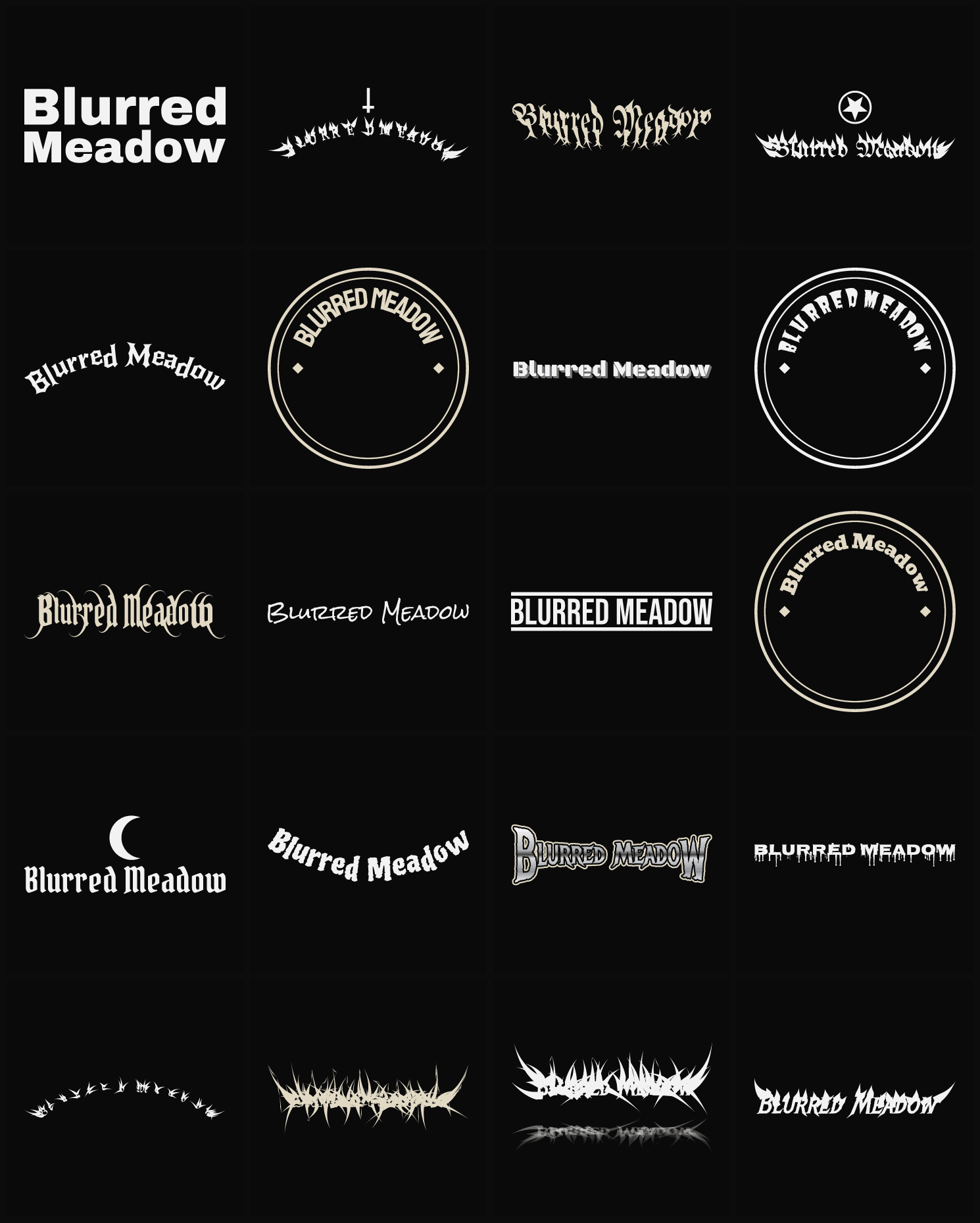 Twenty Blurred Meadow band logo ideas — different faces, treatments and spike settings