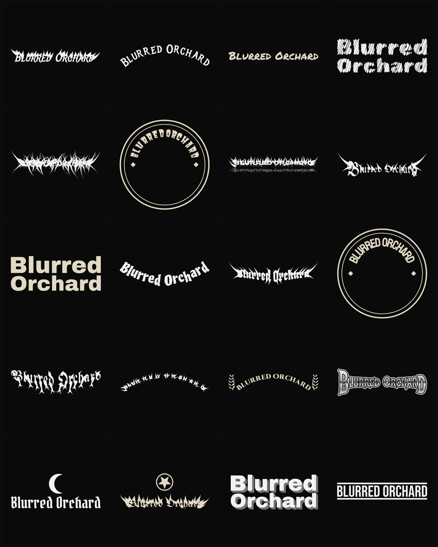 Twenty Blurred Orchard band logo ideas — different faces, treatments and spike settings