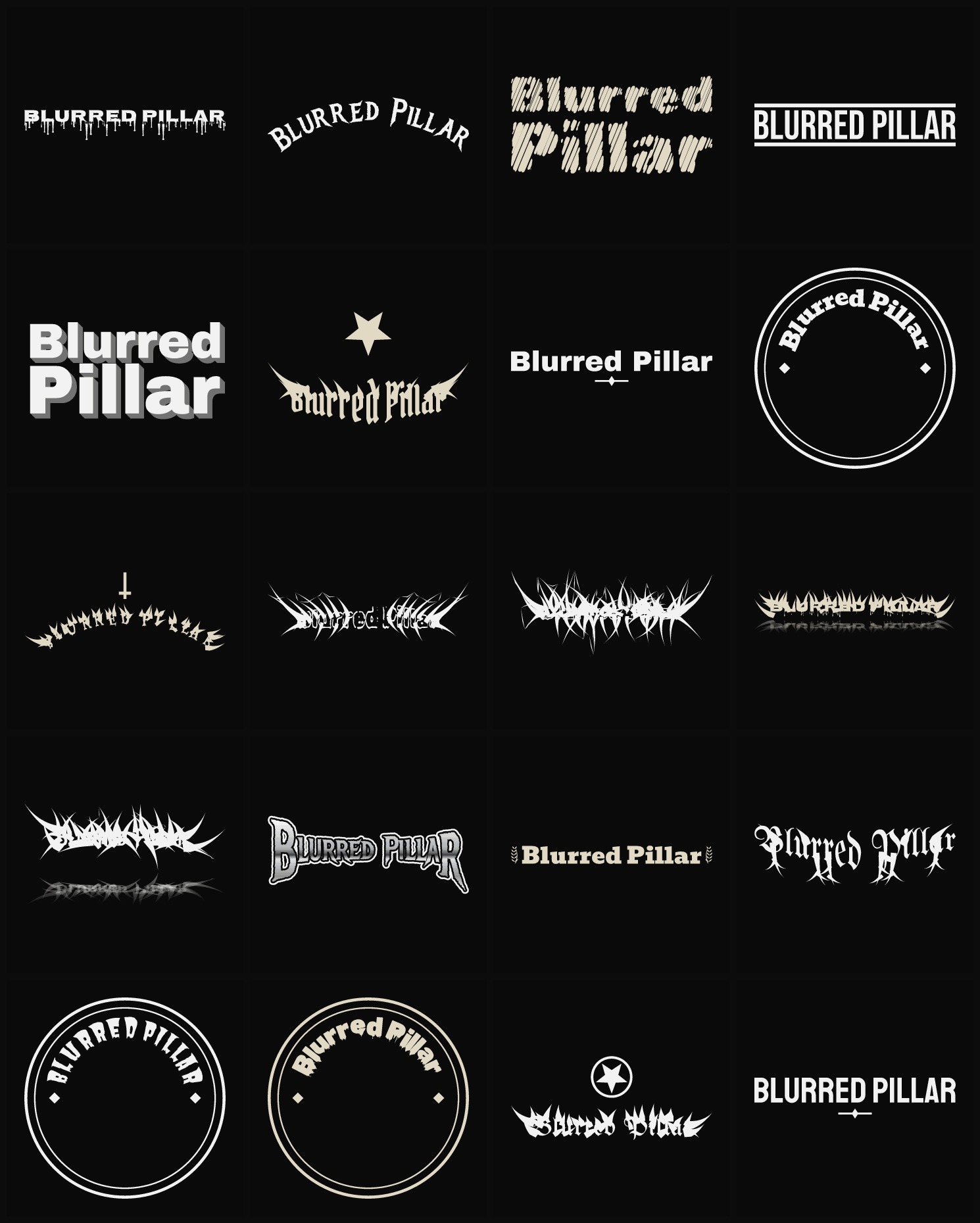 Twenty Blurred Pillar band logo ideas — different faces, treatments and spike settings