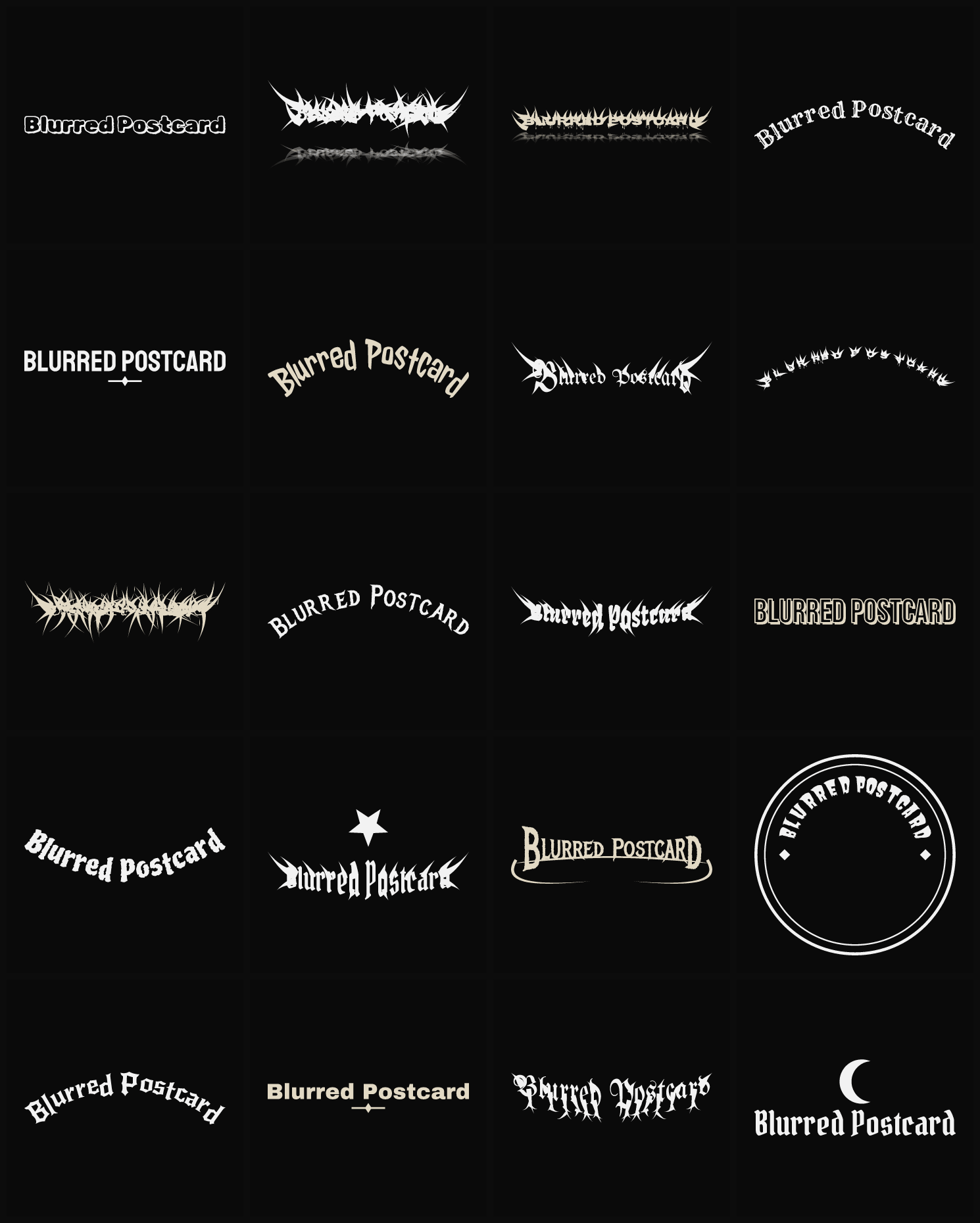 Twenty Blurred Postcard band logo ideas — different faces, treatments and spike settings