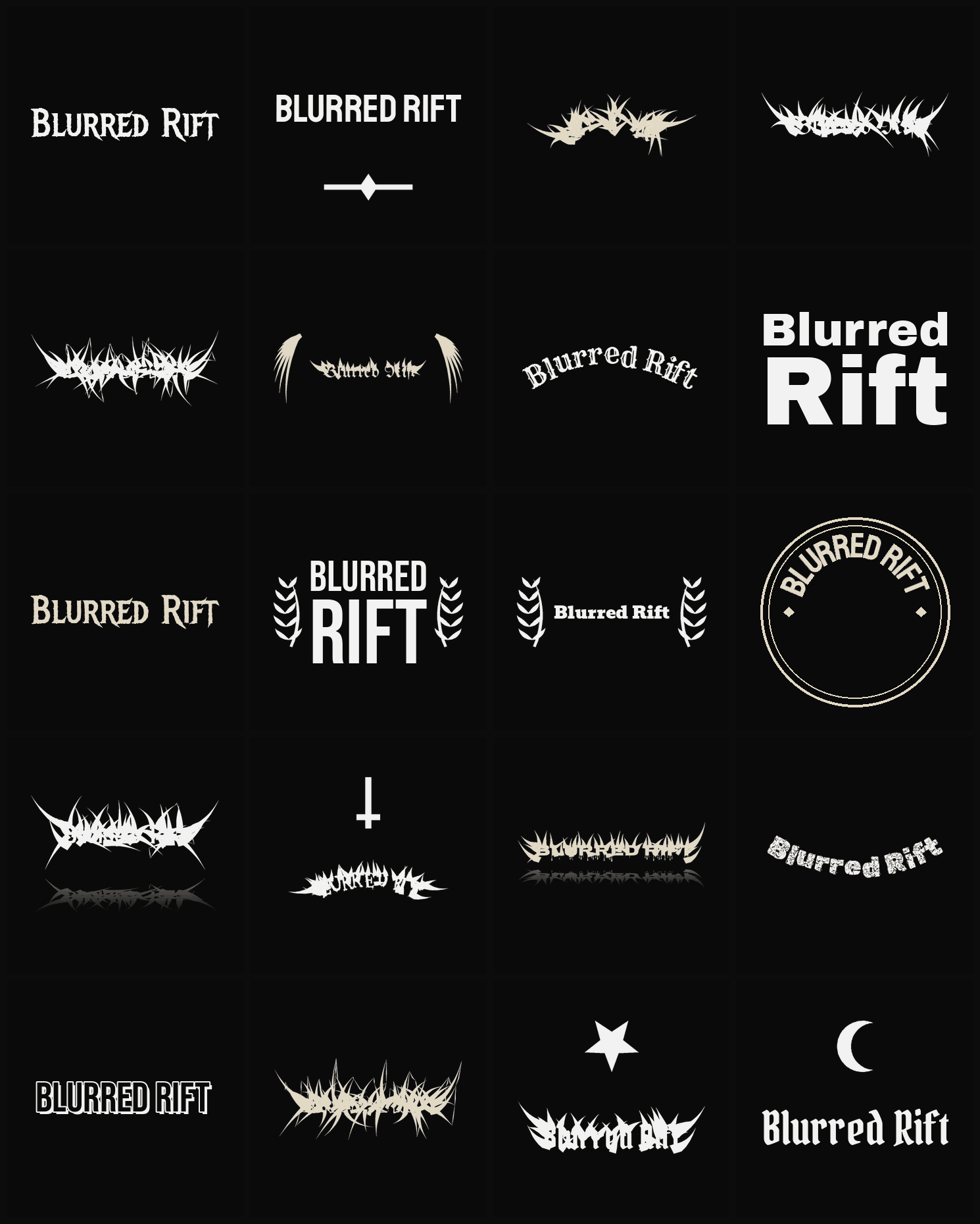 Twenty Blurred Rift band logo ideas — different faces, treatments and spike settings