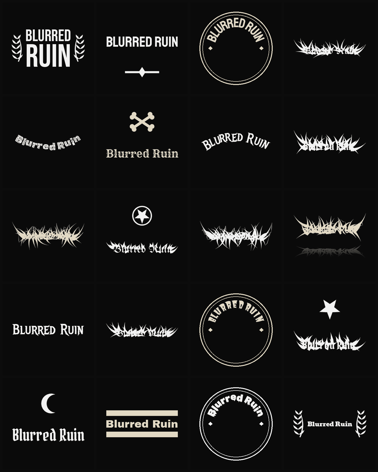 Twenty Blurred Ruin band logo ideas — different faces, treatments and spike settings