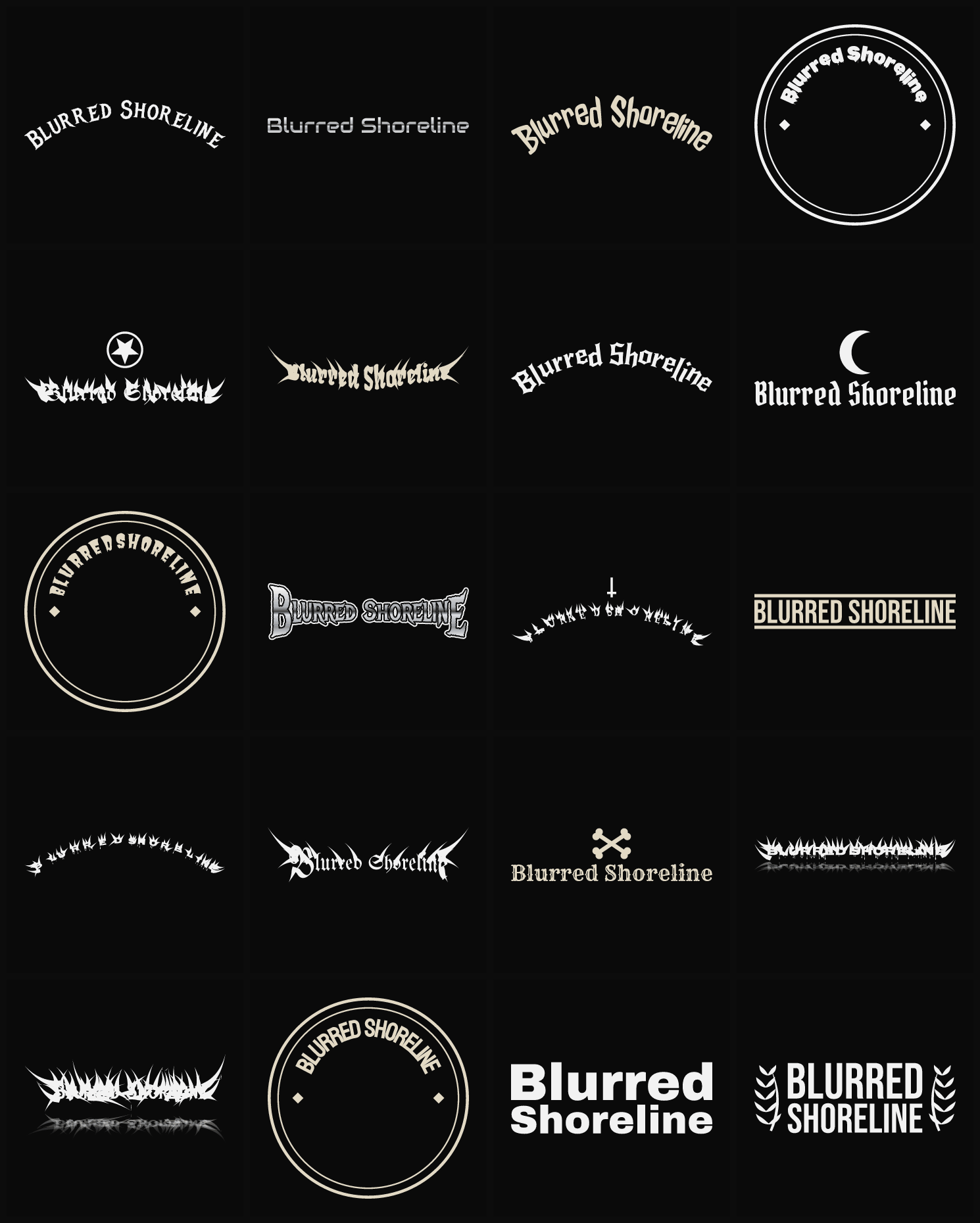 Twenty Blurred Shoreline band logo ideas — different faces, treatments and spike settings