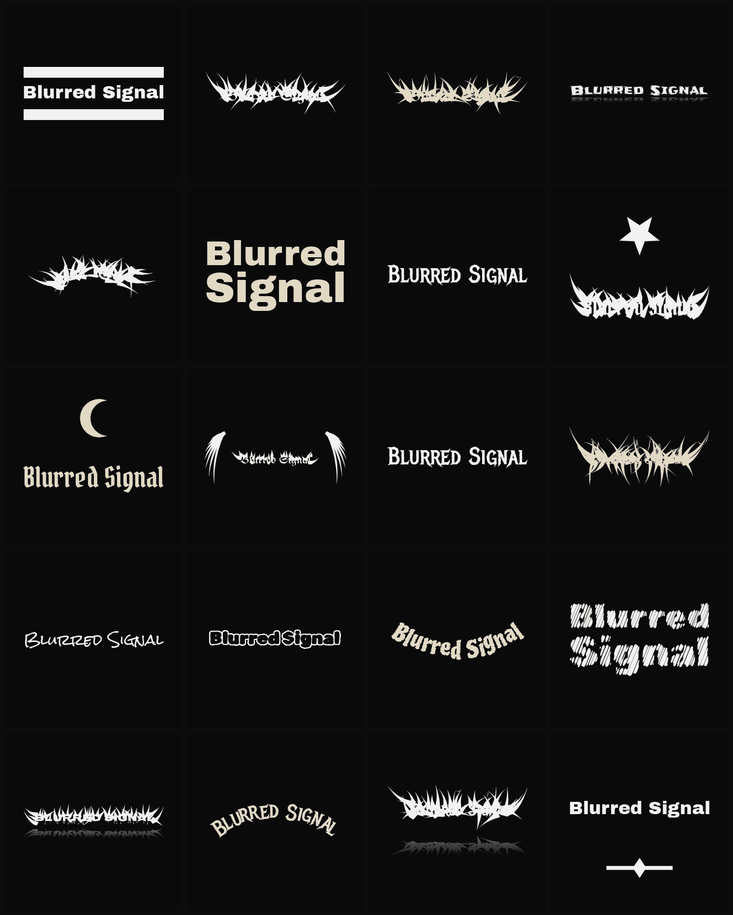 Twenty Blurred Signal band logo ideas — different faces, treatments and spike settings