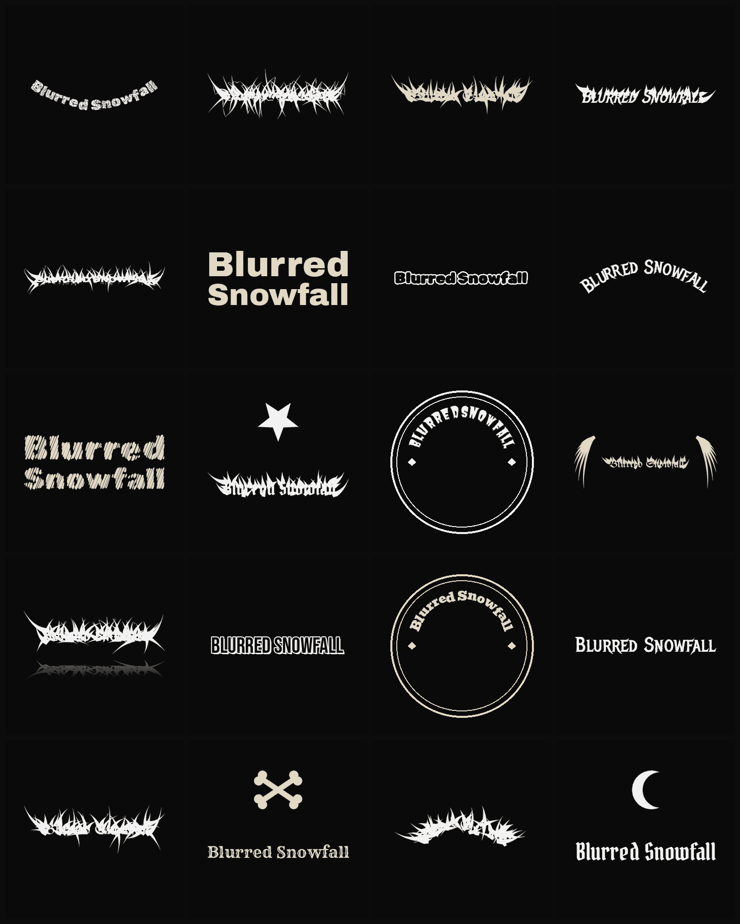 Twenty Blurred Snowfall band logo ideas — different faces, treatments and spike settings
