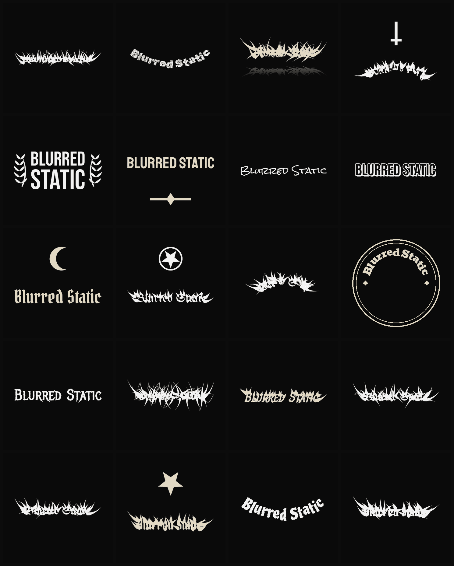 Twenty Blurred Static band logo ideas — different faces, treatments and spike settings