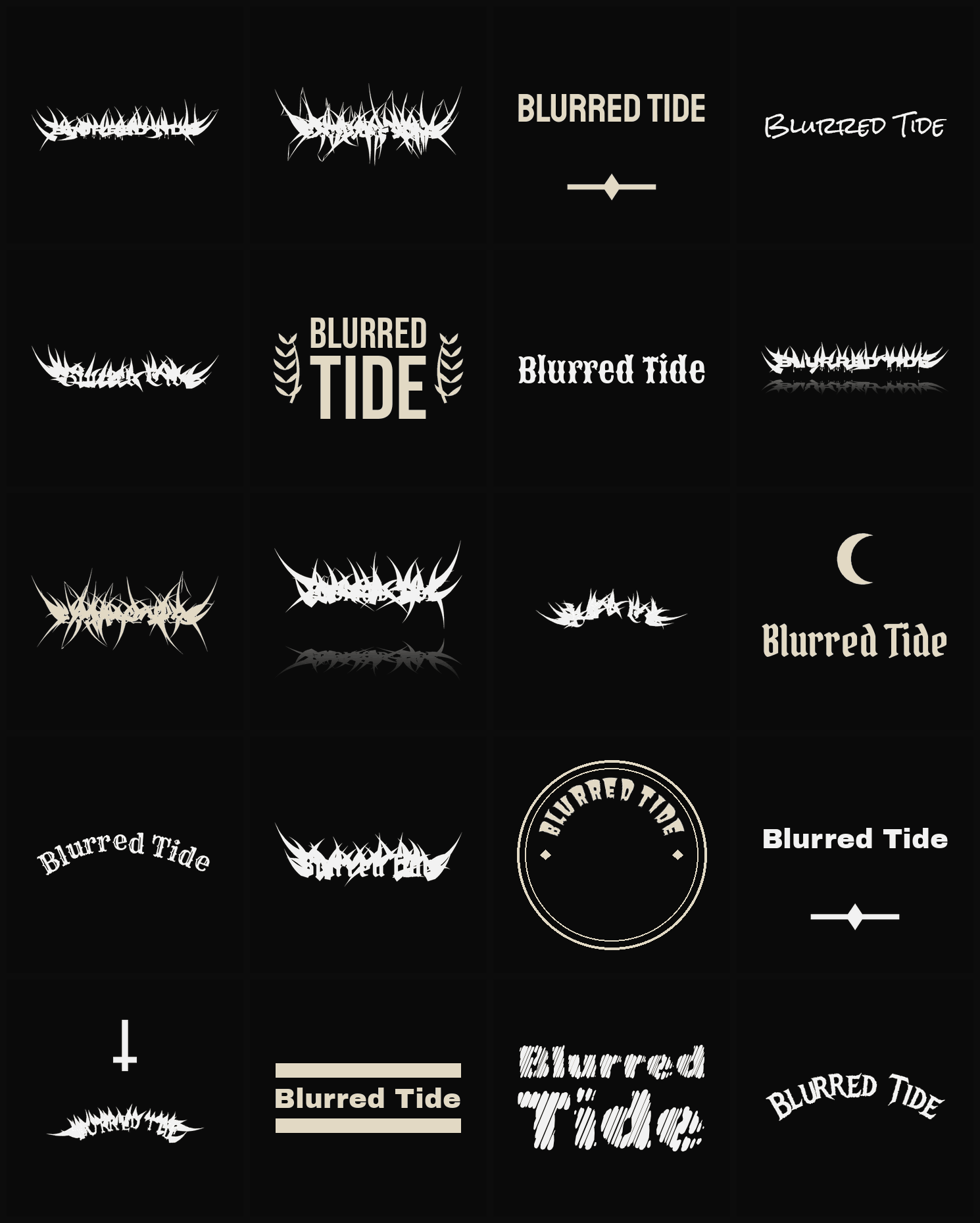 Twenty Blurred Tide band logo ideas — different faces, treatments and spike settings
