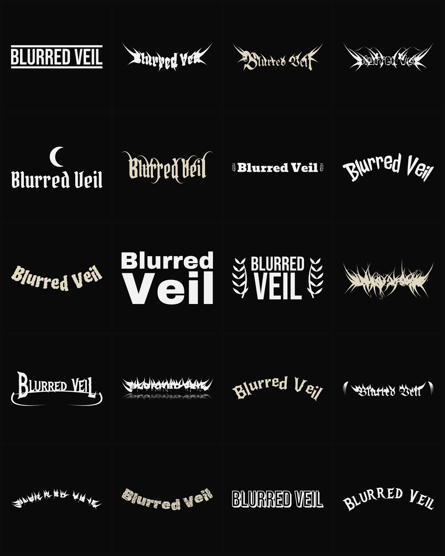 Twenty Blurred Veil band logo ideas — different faces, treatments and spike settings