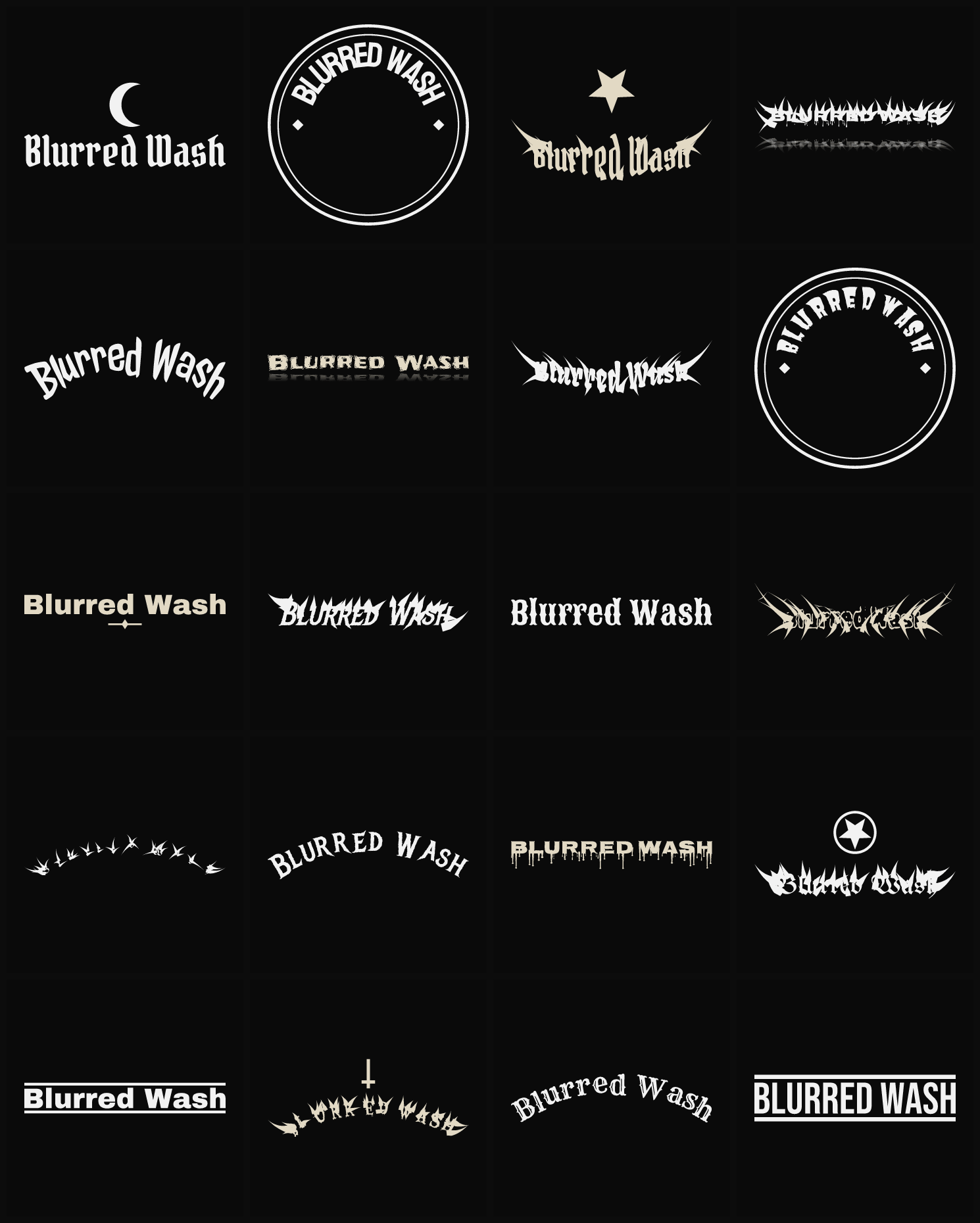 Twenty Blurred Wash band logo ideas — different faces, treatments and spike settings