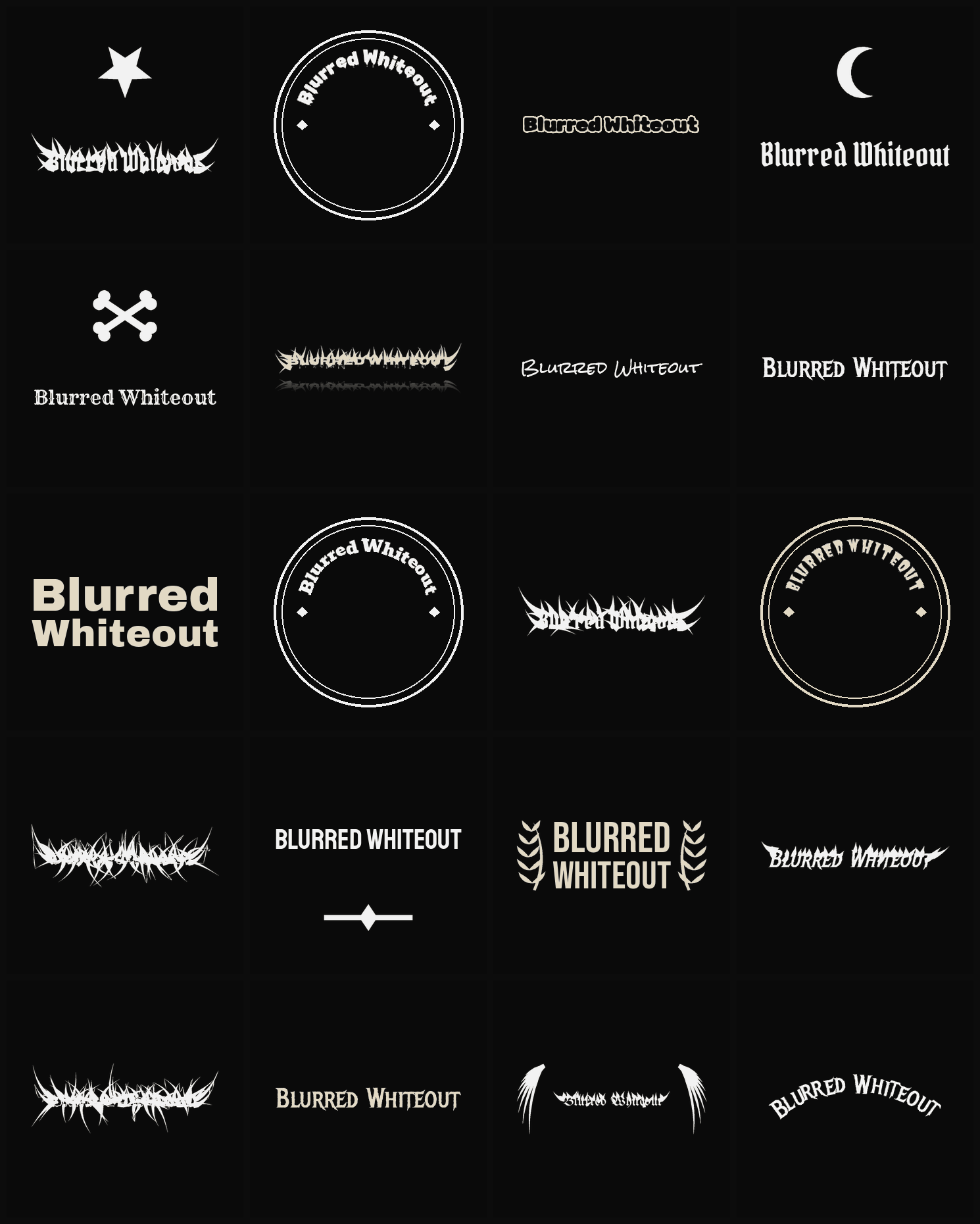 Twenty Blurred Whiteout band logo ideas — different faces, treatments and spike settings