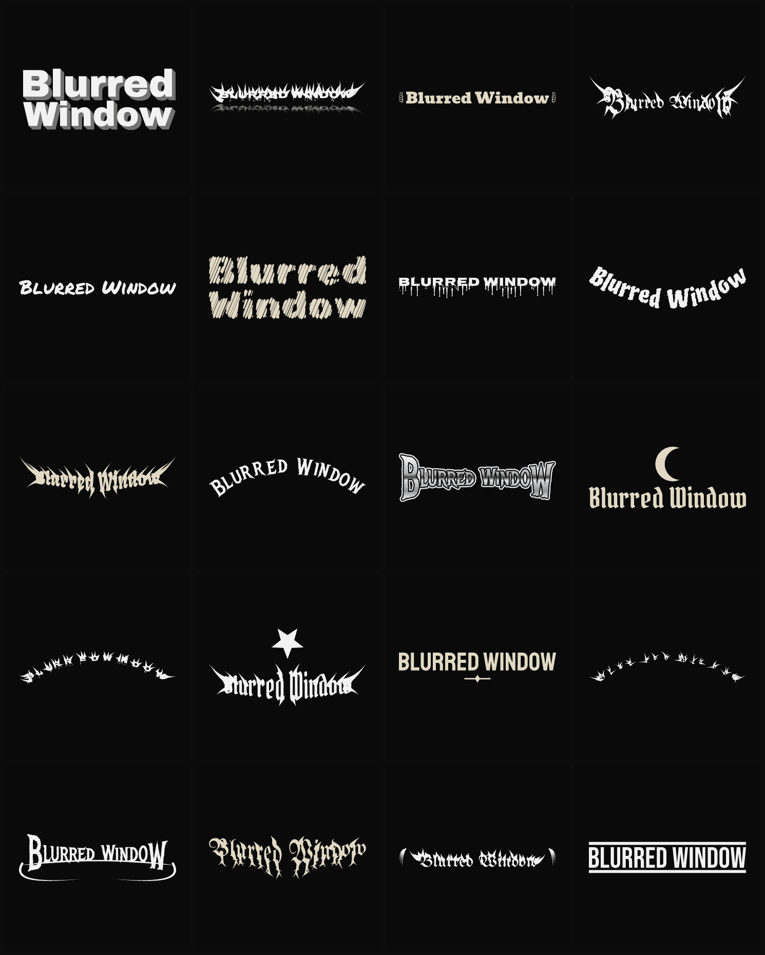 Twenty Blurred Window band logo ideas — different faces, treatments and spike settings