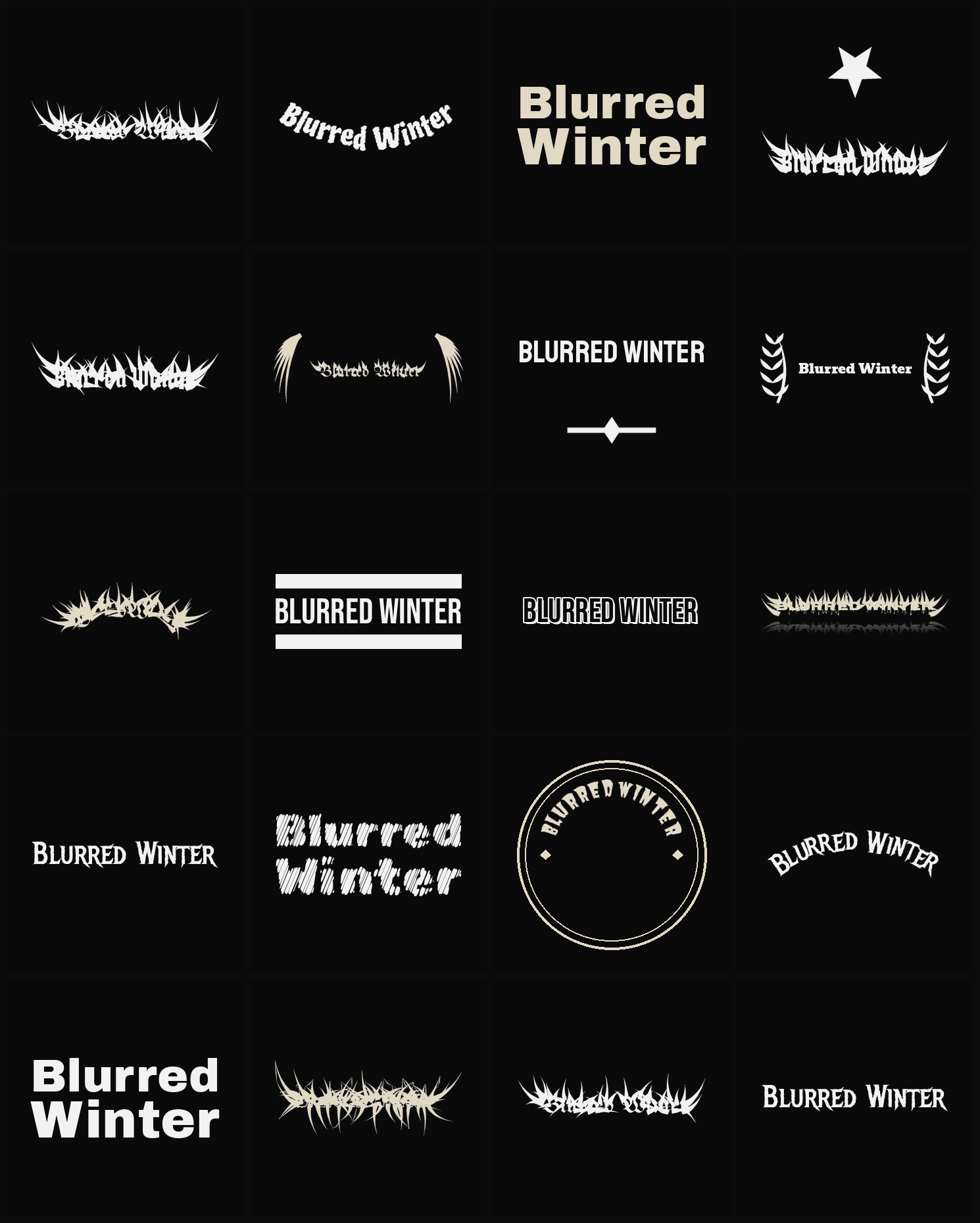 Twenty Blurred Winter band logo ideas — different faces, treatments and spike settings