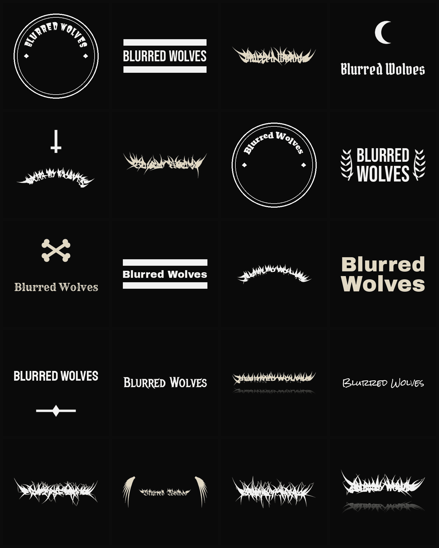 Twenty Blurred Wolves band logo ideas — different faces, treatments and spike settings