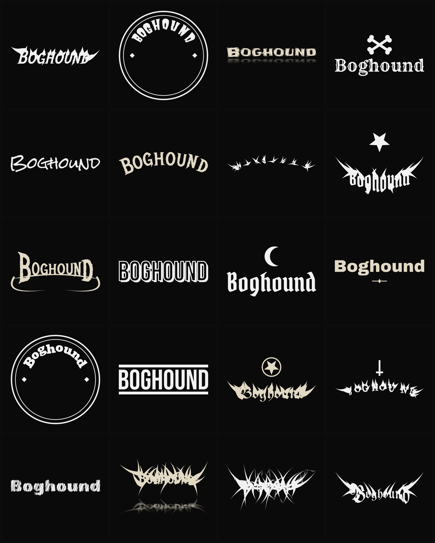 Twenty Boghound band logo ideas — different faces, treatments and spike settings