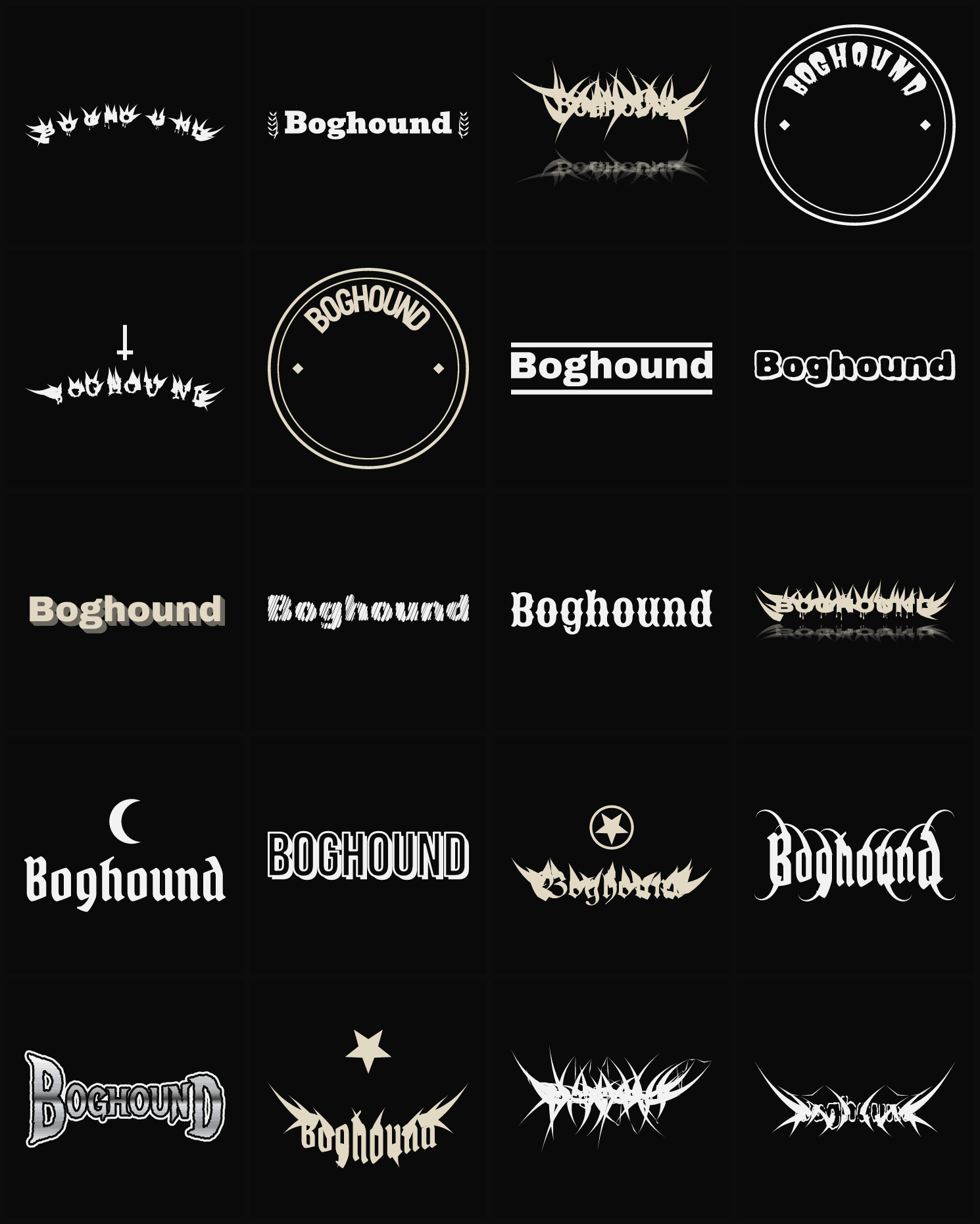 Twenty Boghound band logo ideas — different faces, treatments and spike settings