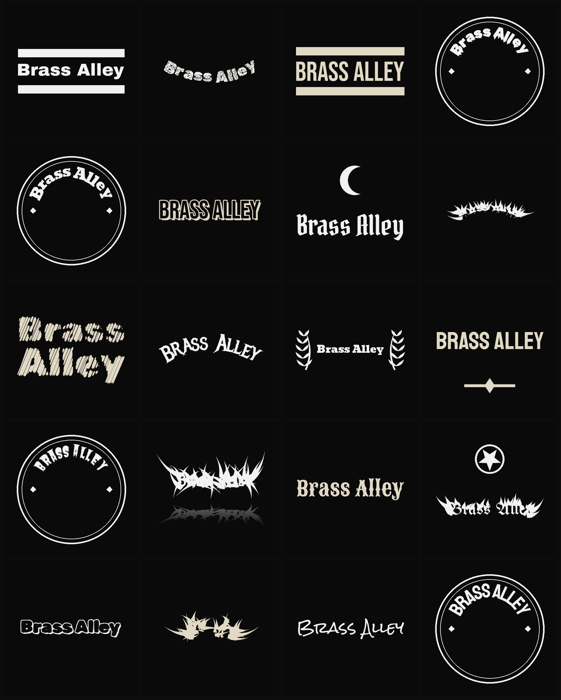 Twenty Brass Alley band logo ideas — different faces, treatments and spike settings