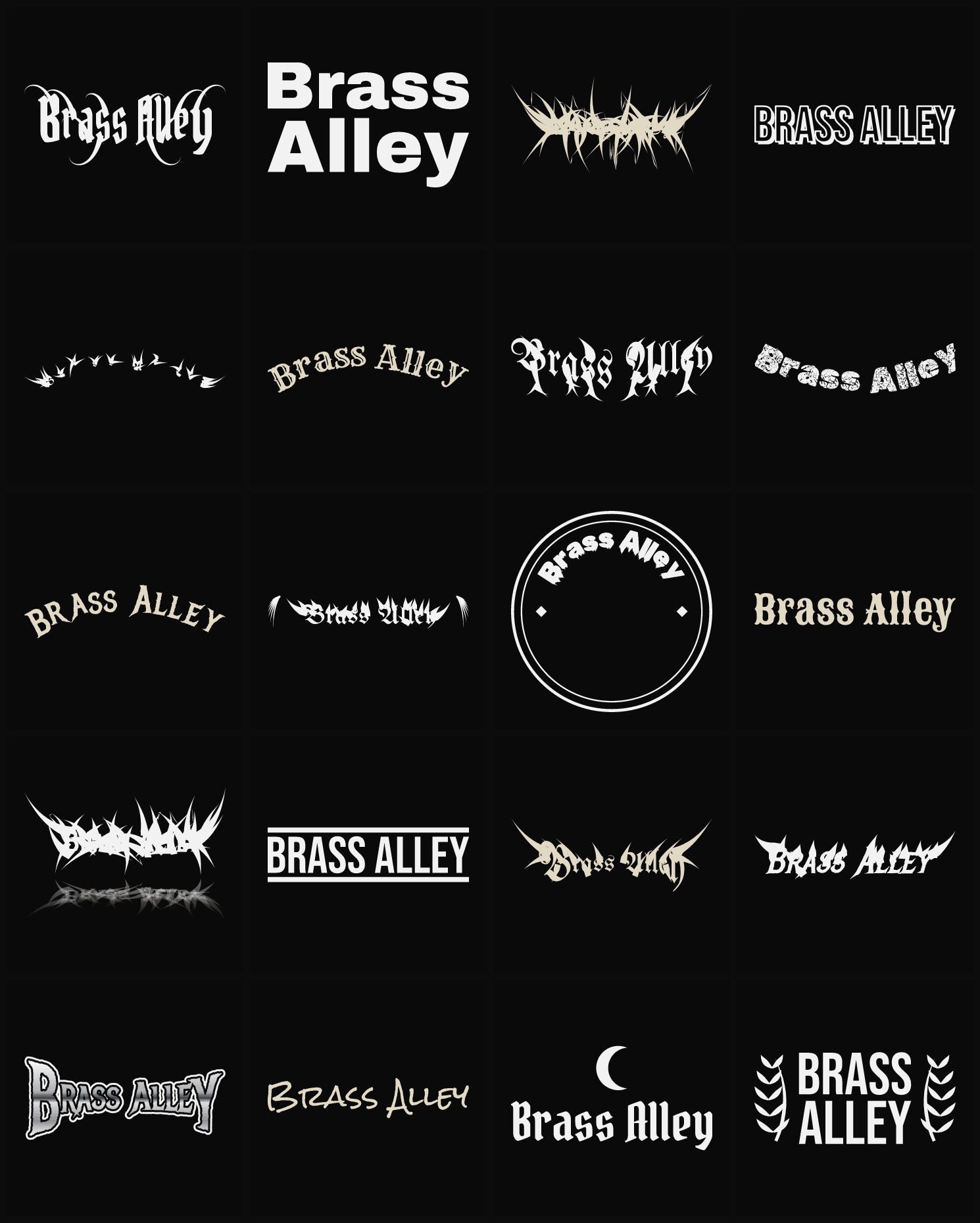 Twenty Brass Alley band logo ideas — different faces, treatments and spike settings