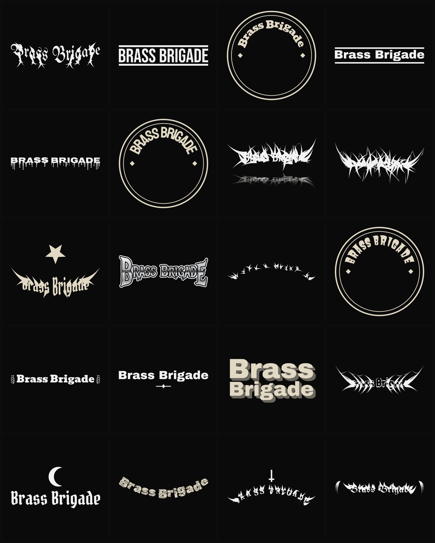 Twenty Brass Brigade band logo ideas — different faces, treatments and spike settings