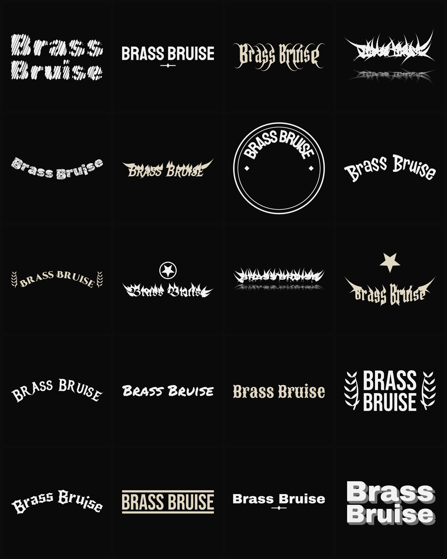 Twenty Brass Bruise band logo ideas — different faces, treatments and spike settings