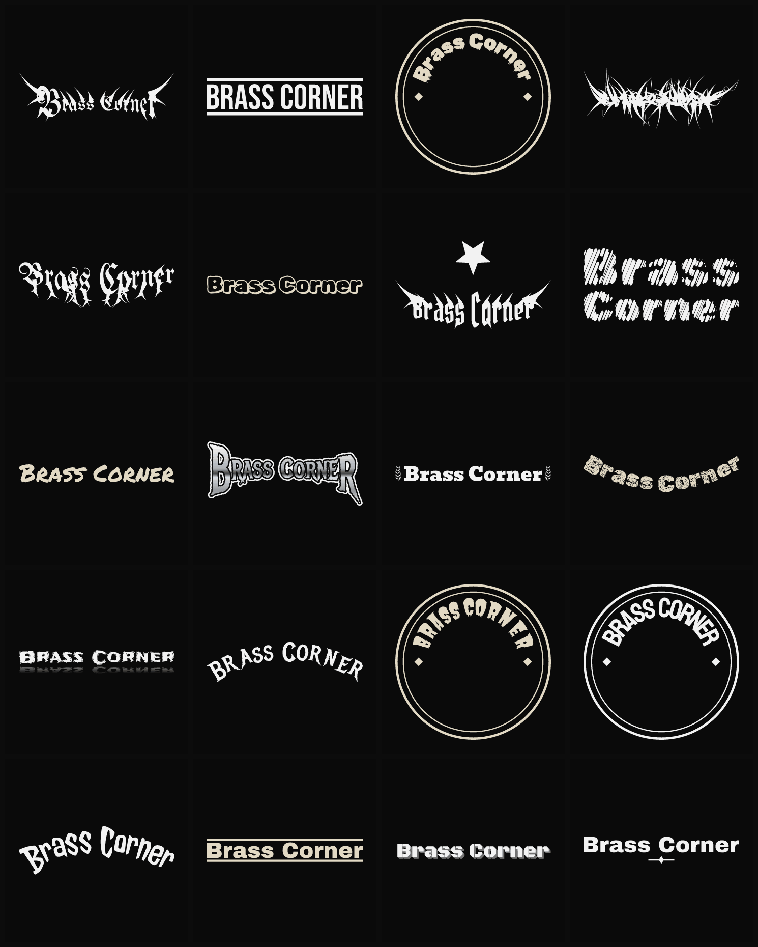 Twenty Brass Corner band logo ideas — different faces, treatments and spike settings