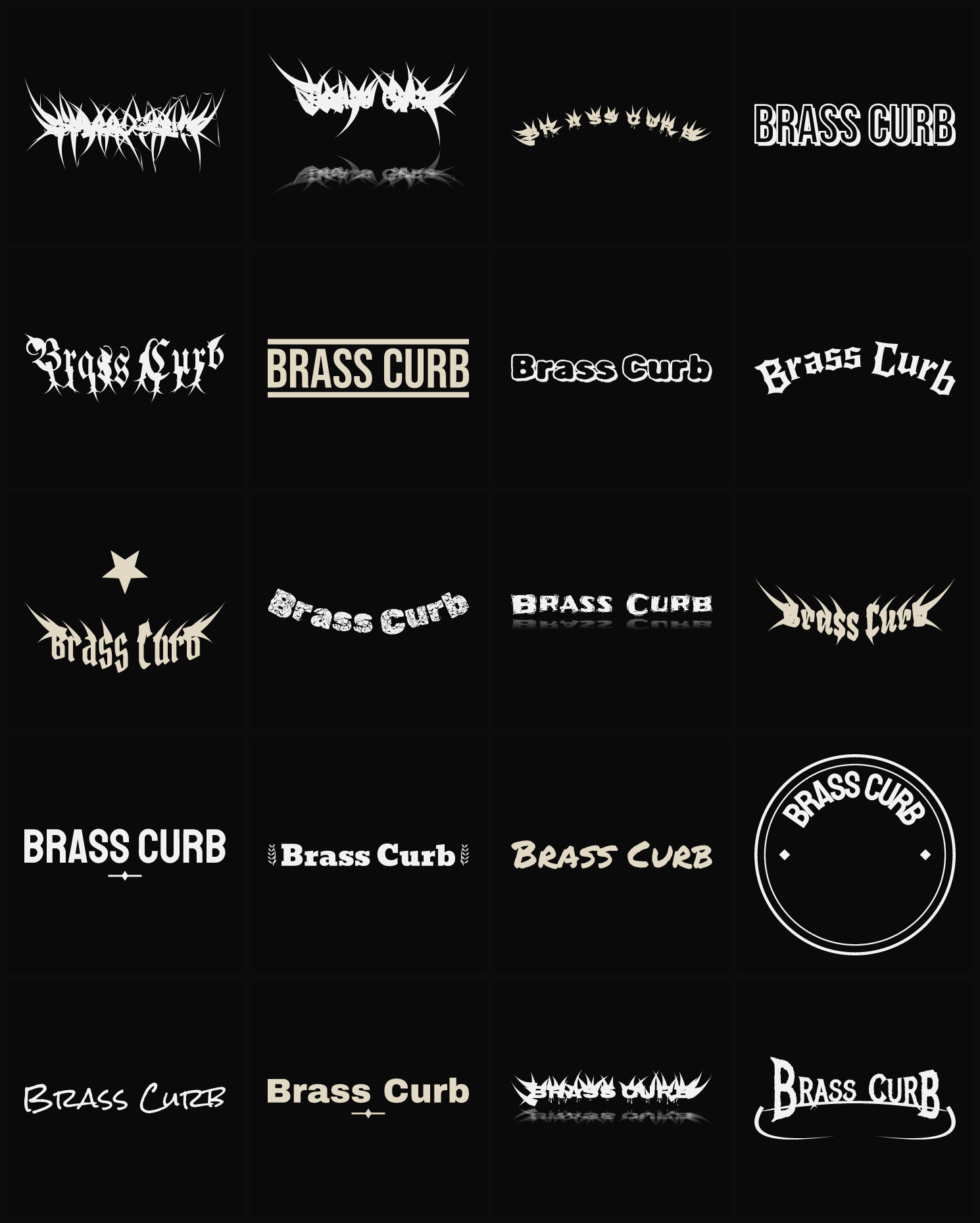 Twenty Brass Curb band logo ideas — different faces, treatments and spike settings