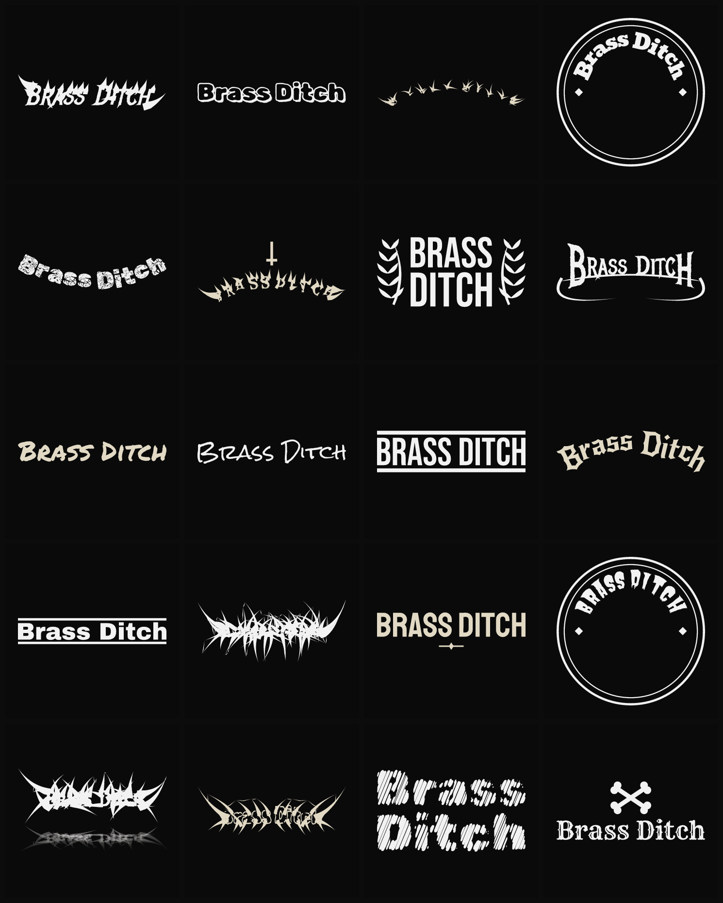 Twenty Brass Ditch band logo ideas — different faces, treatments and spike settings