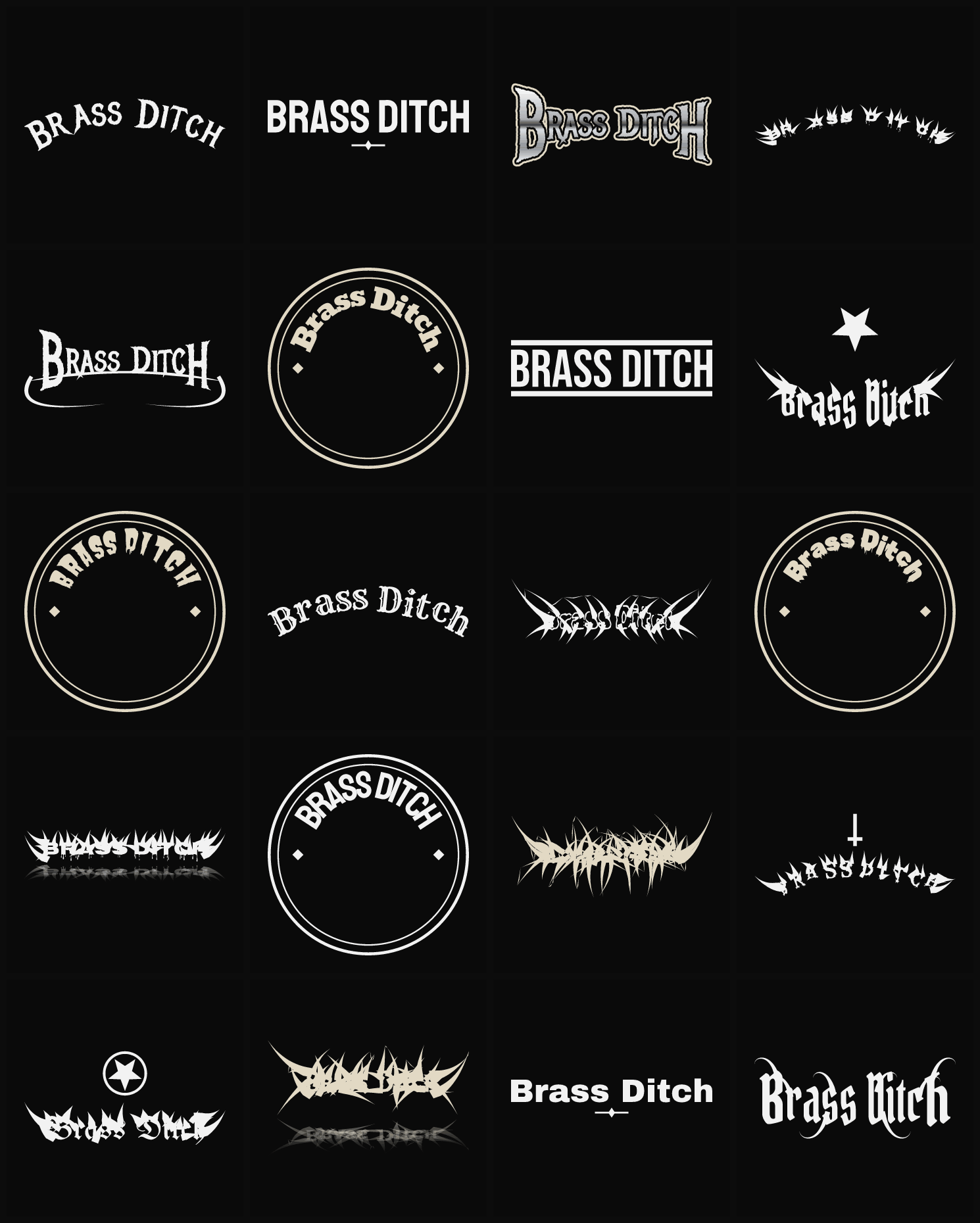 Twenty Brass Ditch band logo ideas — different faces, treatments and spike settings