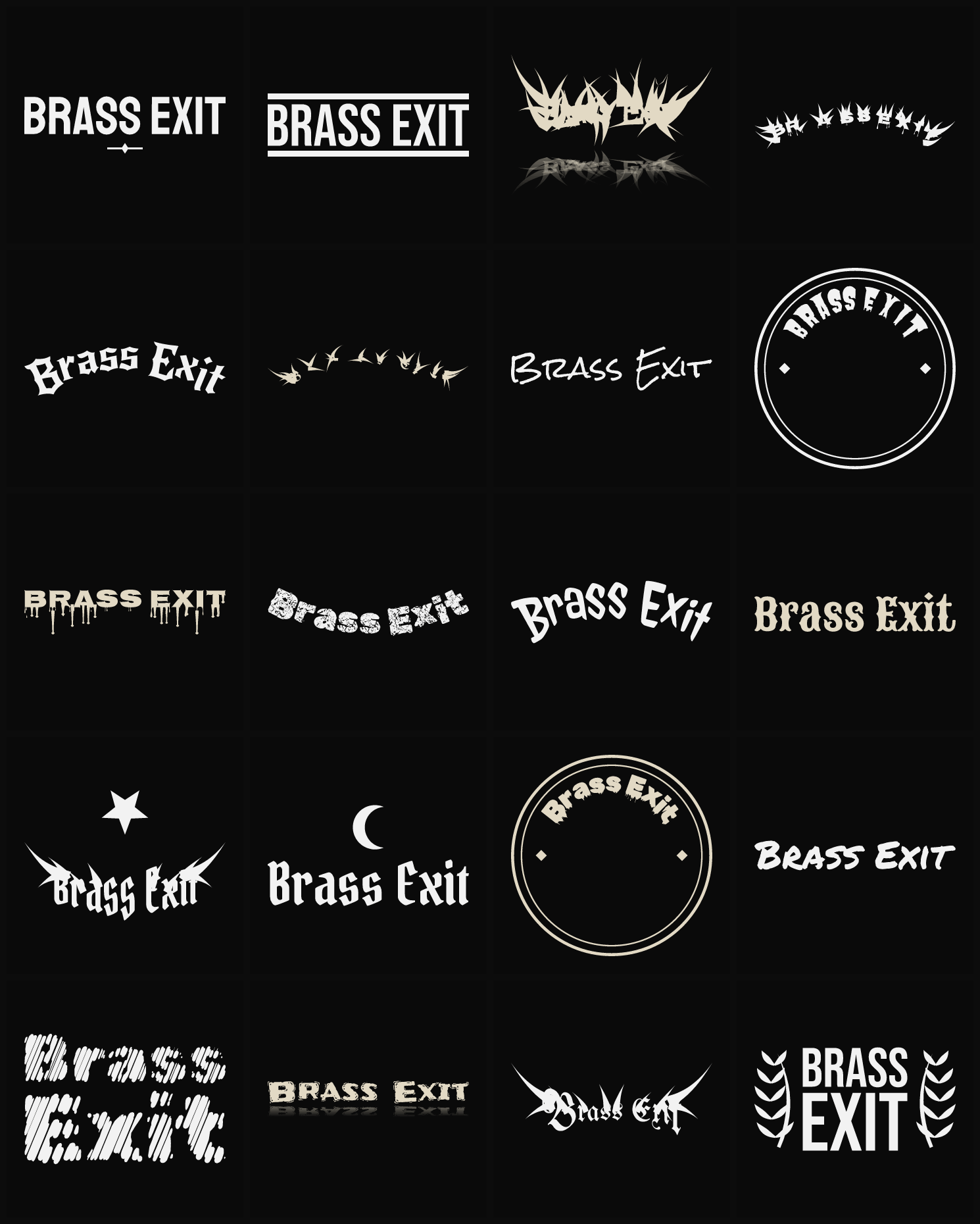 Twenty Brass Exit band logo ideas — different faces, treatments and spike settings