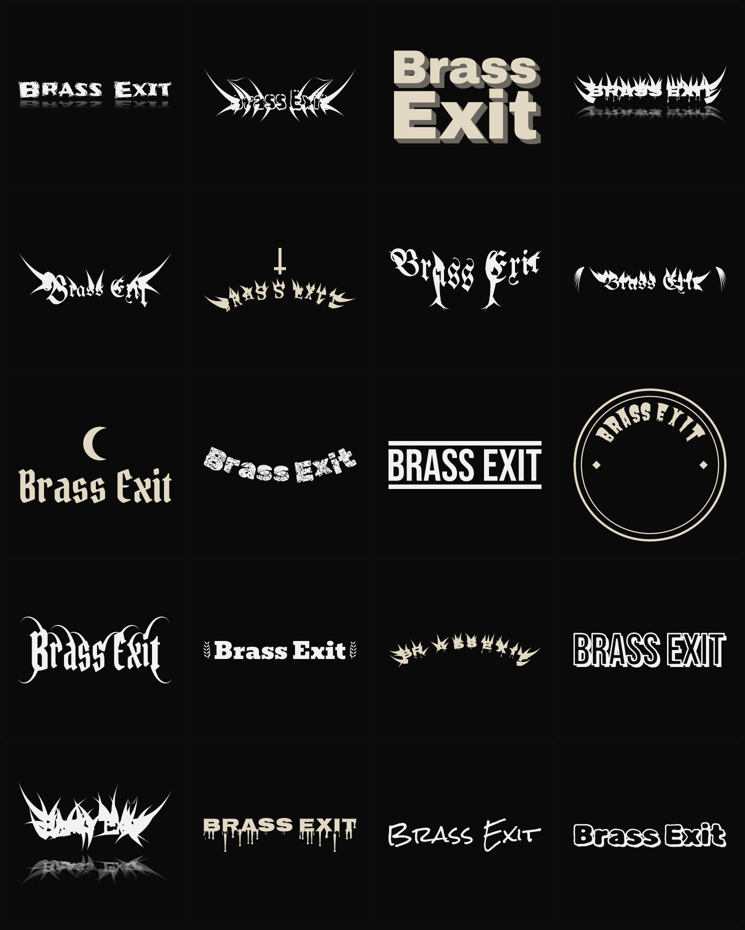 Twenty Brass Exit band logo ideas — different faces, treatments and spike settings