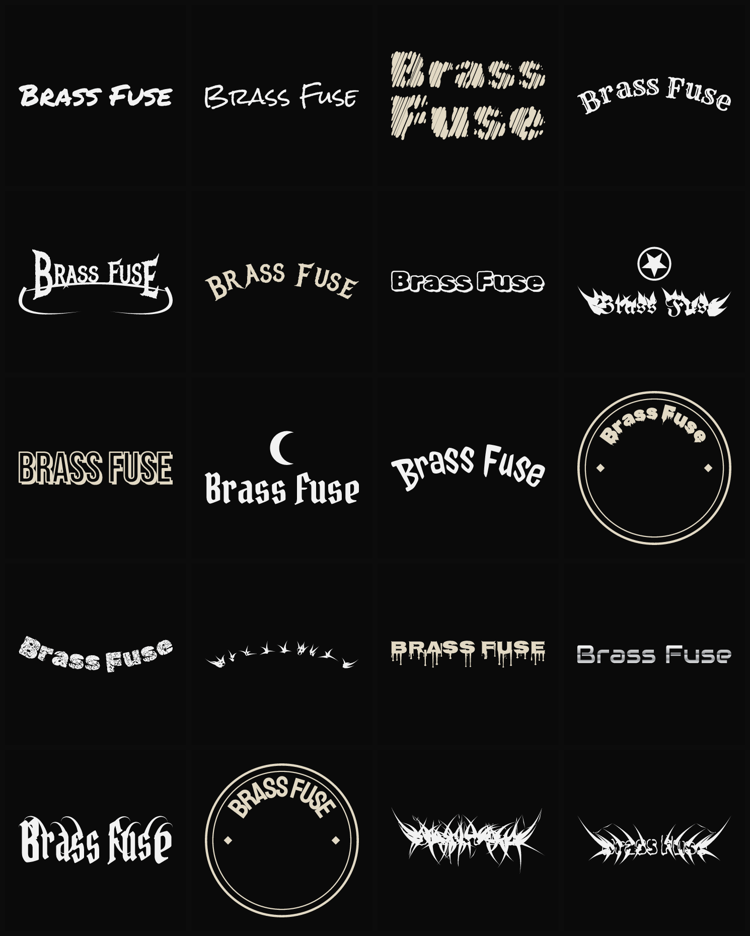 Twenty Brass Fuse band logo ideas — different faces, treatments and spike settings