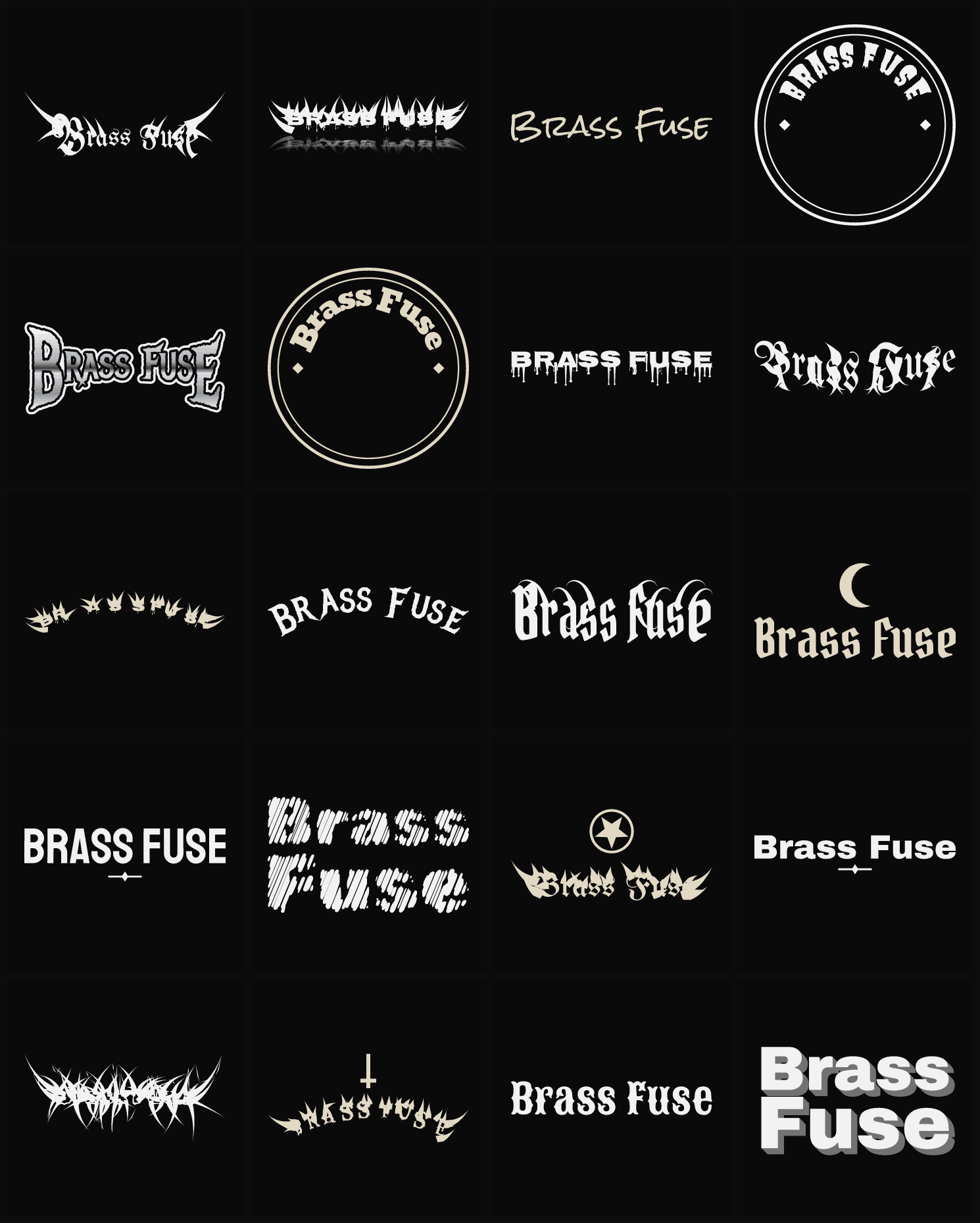 Twenty Brass Fuse band logo ideas — different faces, treatments and spike settings