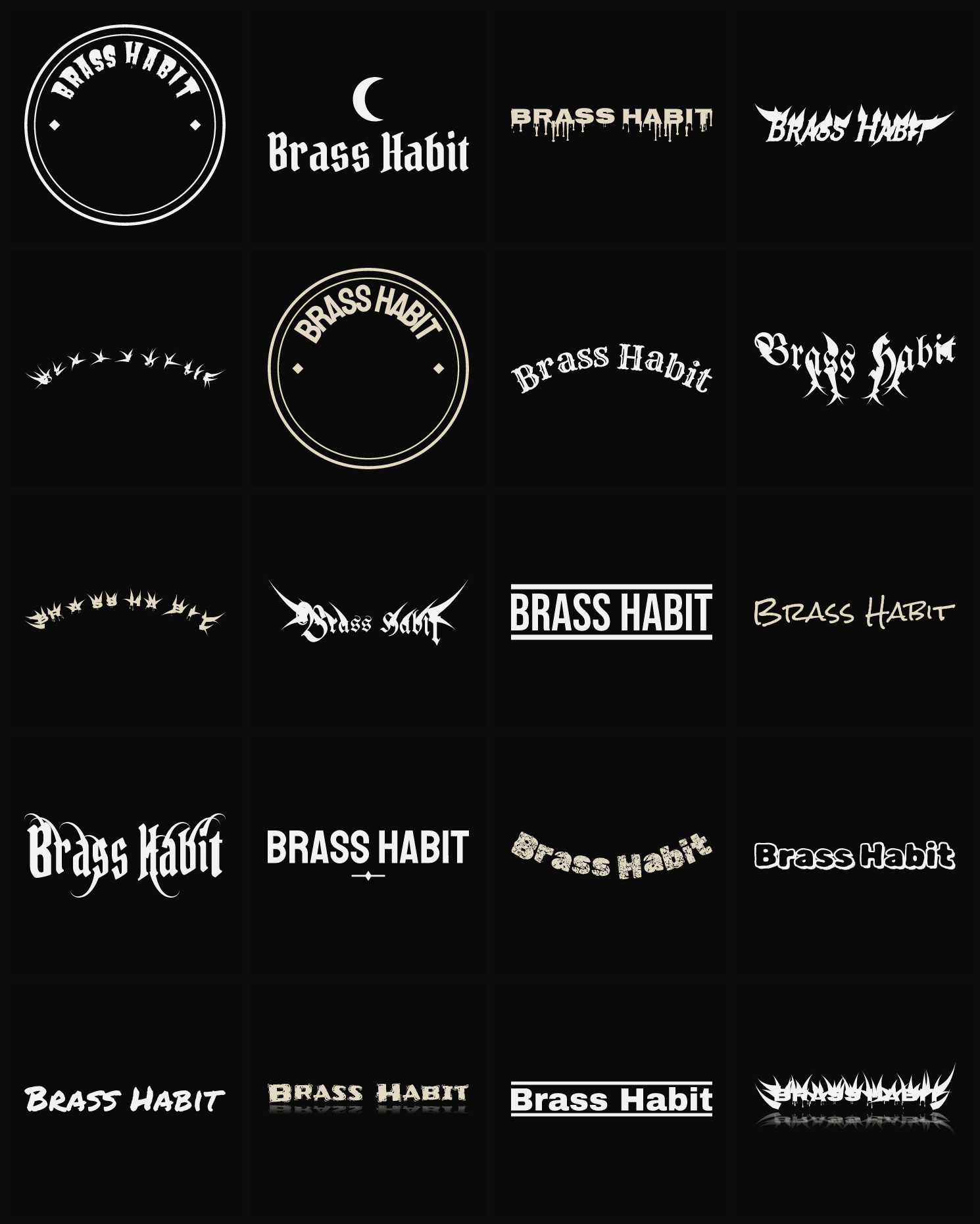 Twenty Brass Habit band logo ideas — different faces, treatments and spike settings