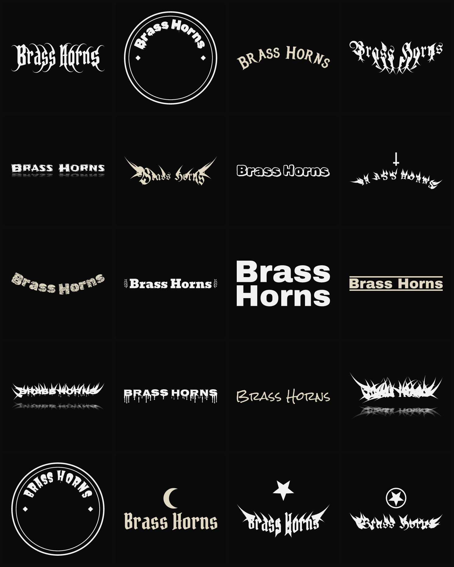 Twenty Brass Horns band logo ideas — different faces, treatments and spike settings