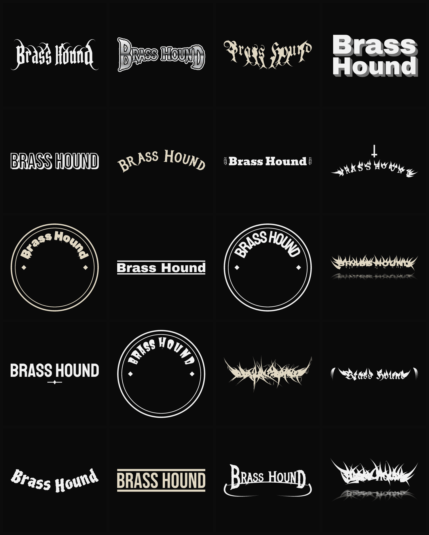 Twenty Brass Hound band logo ideas — different faces, treatments and spike settings