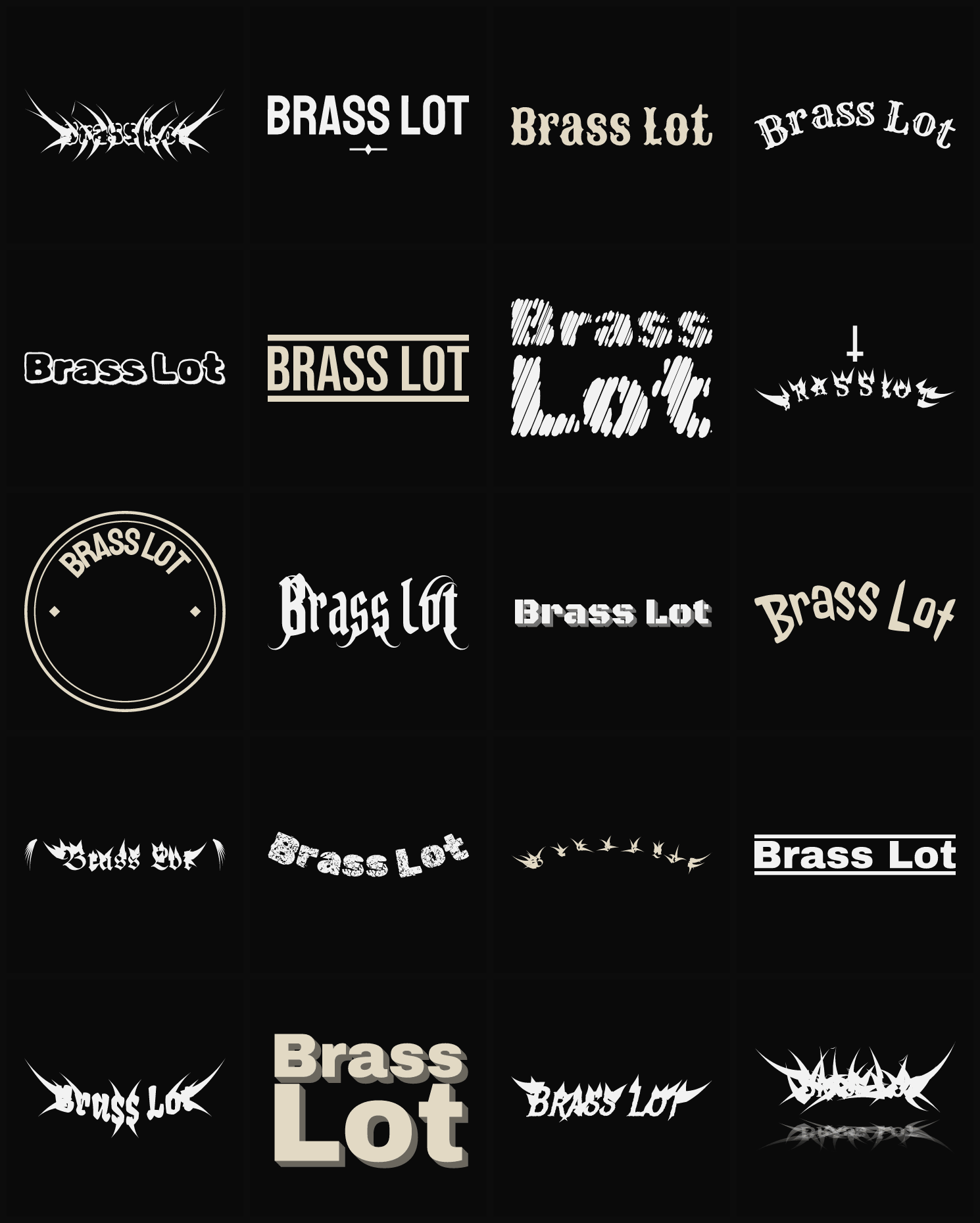 Twenty Brass Lot band logo ideas — different faces, treatments and spike settings