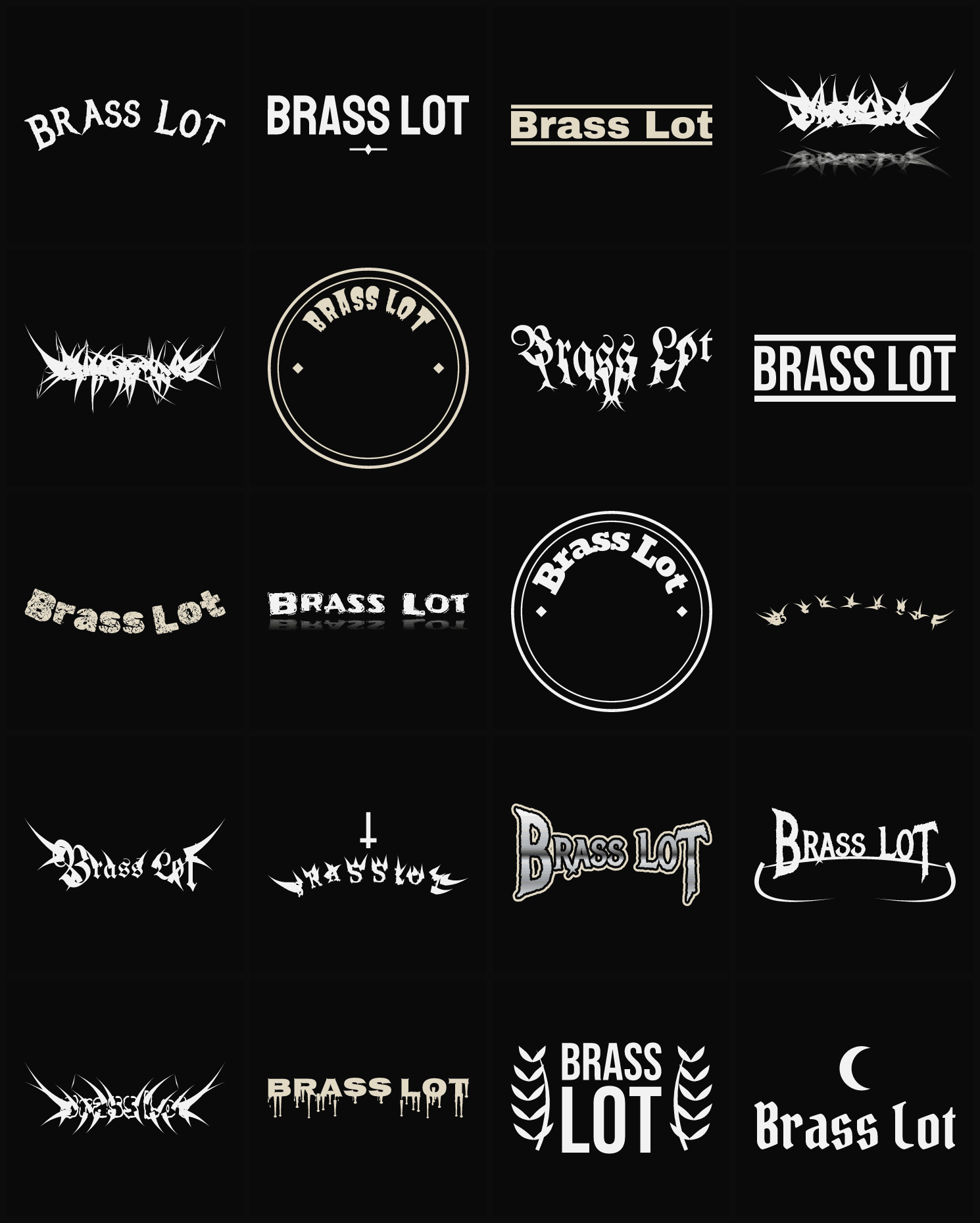 Twenty Brass Lot band logo ideas — different faces, treatments and spike settings