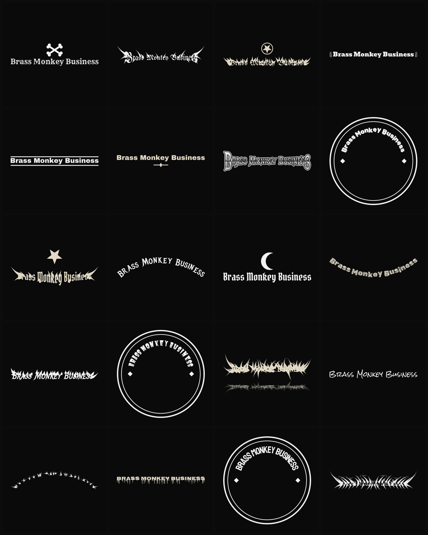 Twenty Brass Monkey Business band logo ideas — different faces, treatments and spike settings