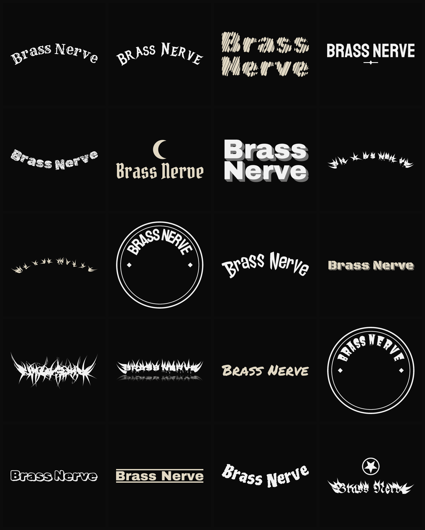 Twenty Brass Nerve band logo ideas — different faces, treatments and spike settings