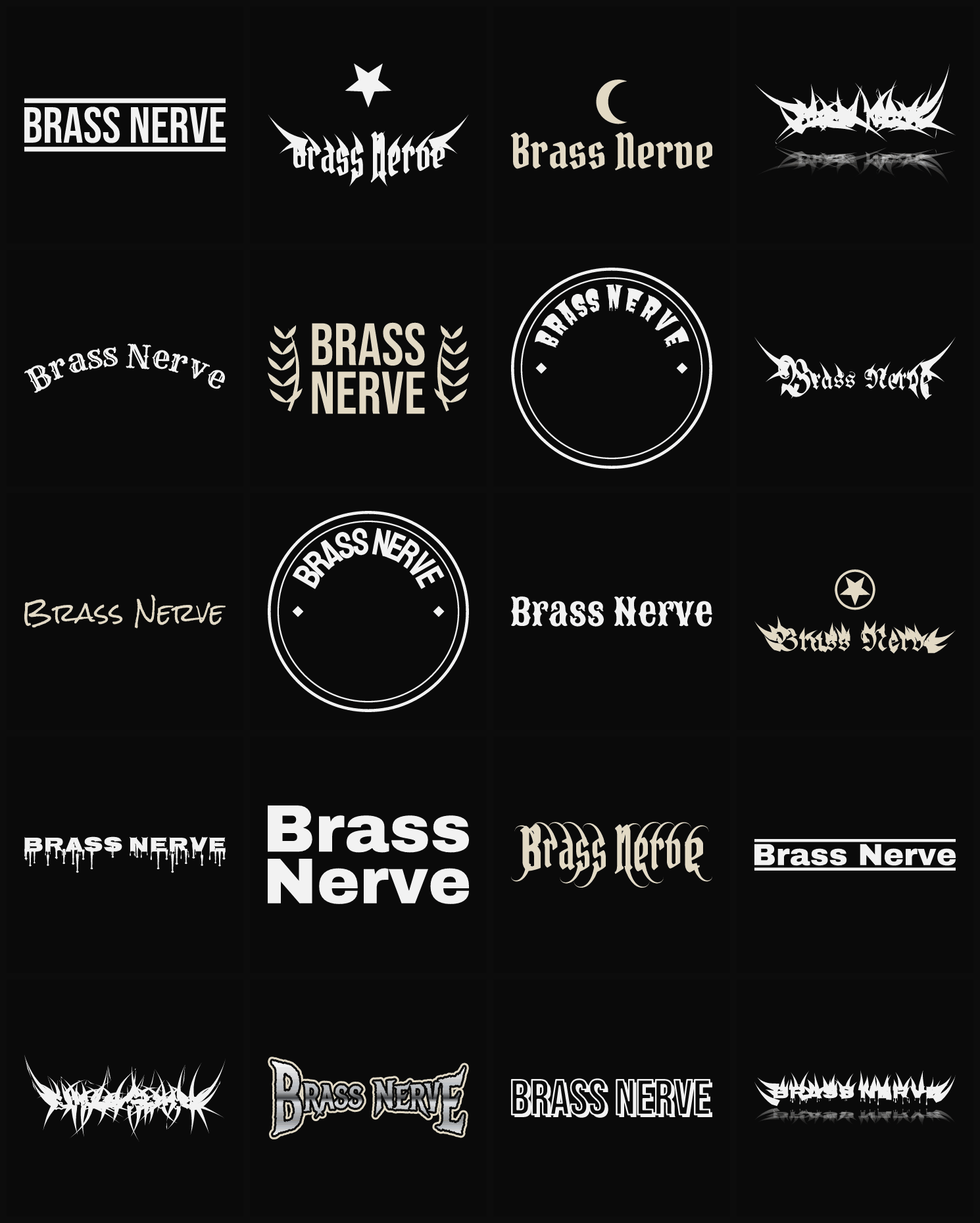 Twenty Brass Nerve band logo ideas — different faces, treatments and spike settings