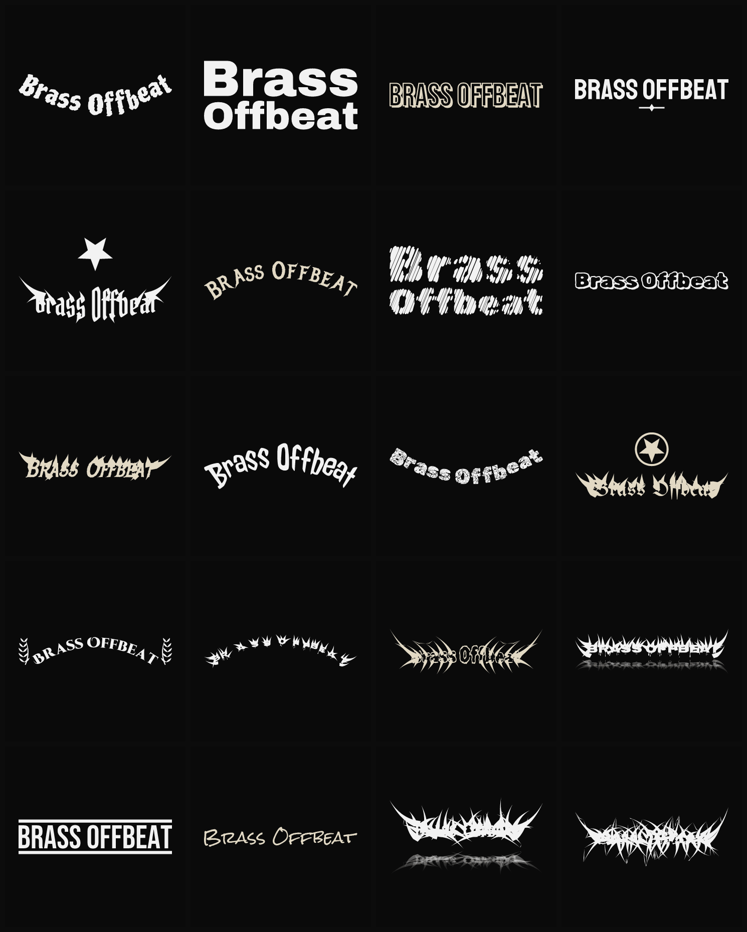 Twenty Brass Offbeat band logo ideas — different faces, treatments and spike settings