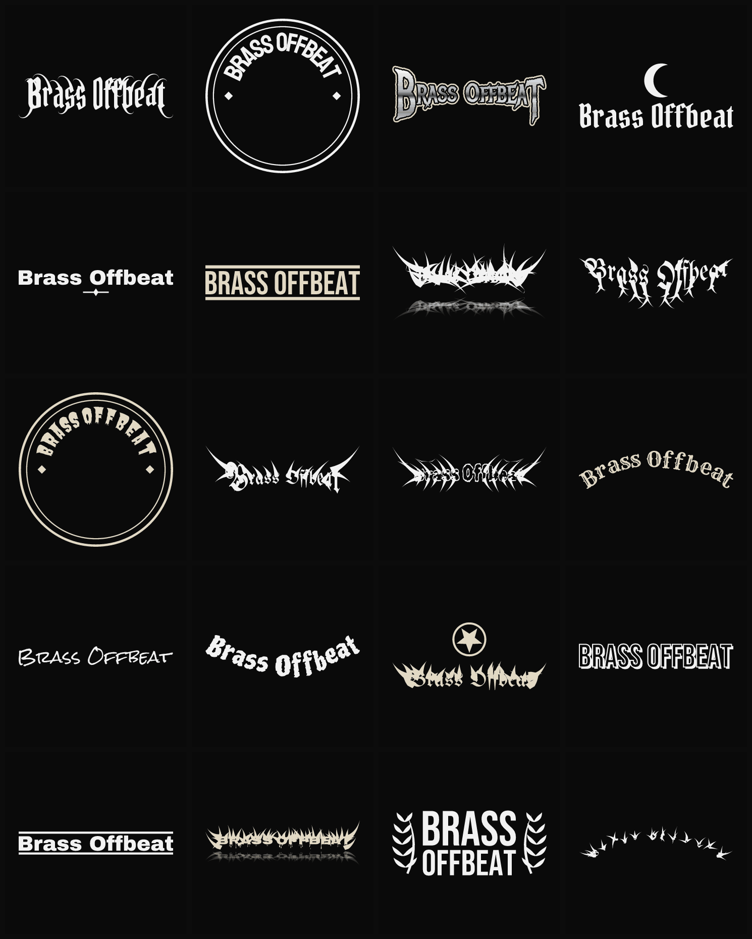 Twenty Brass Offbeat band logo ideas — different faces, treatments and spike settings