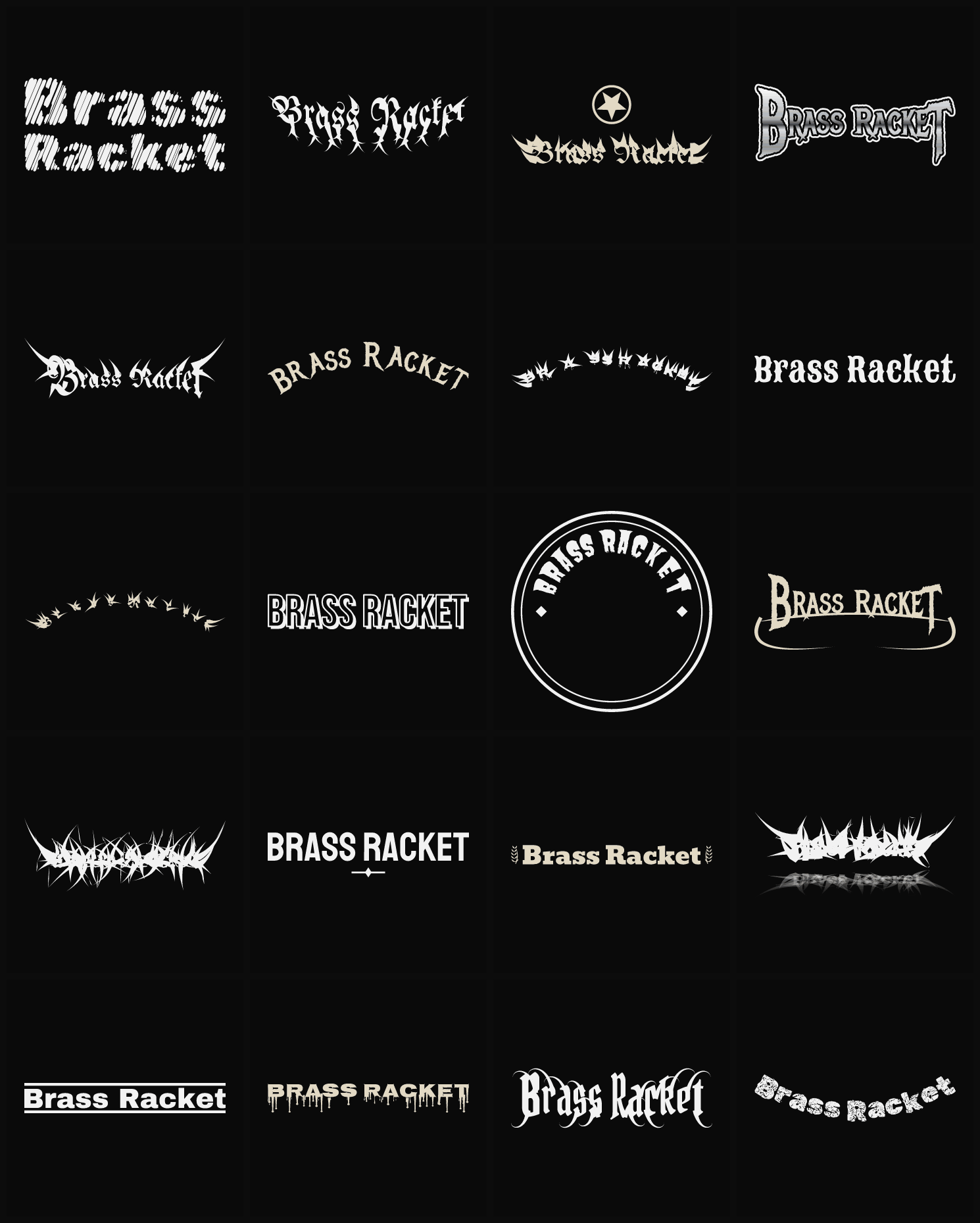 Twenty Brass Racket band logo ideas — different faces, treatments and spike settings