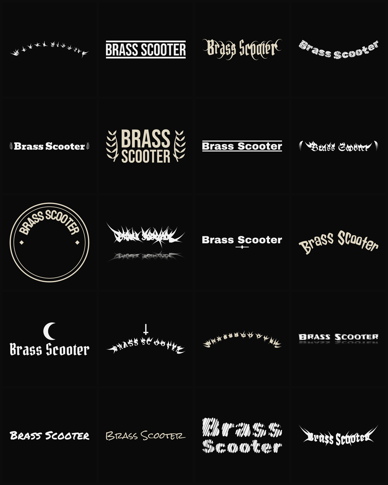 Twenty Brass Scooter band logo ideas — different faces, treatments and spike settings