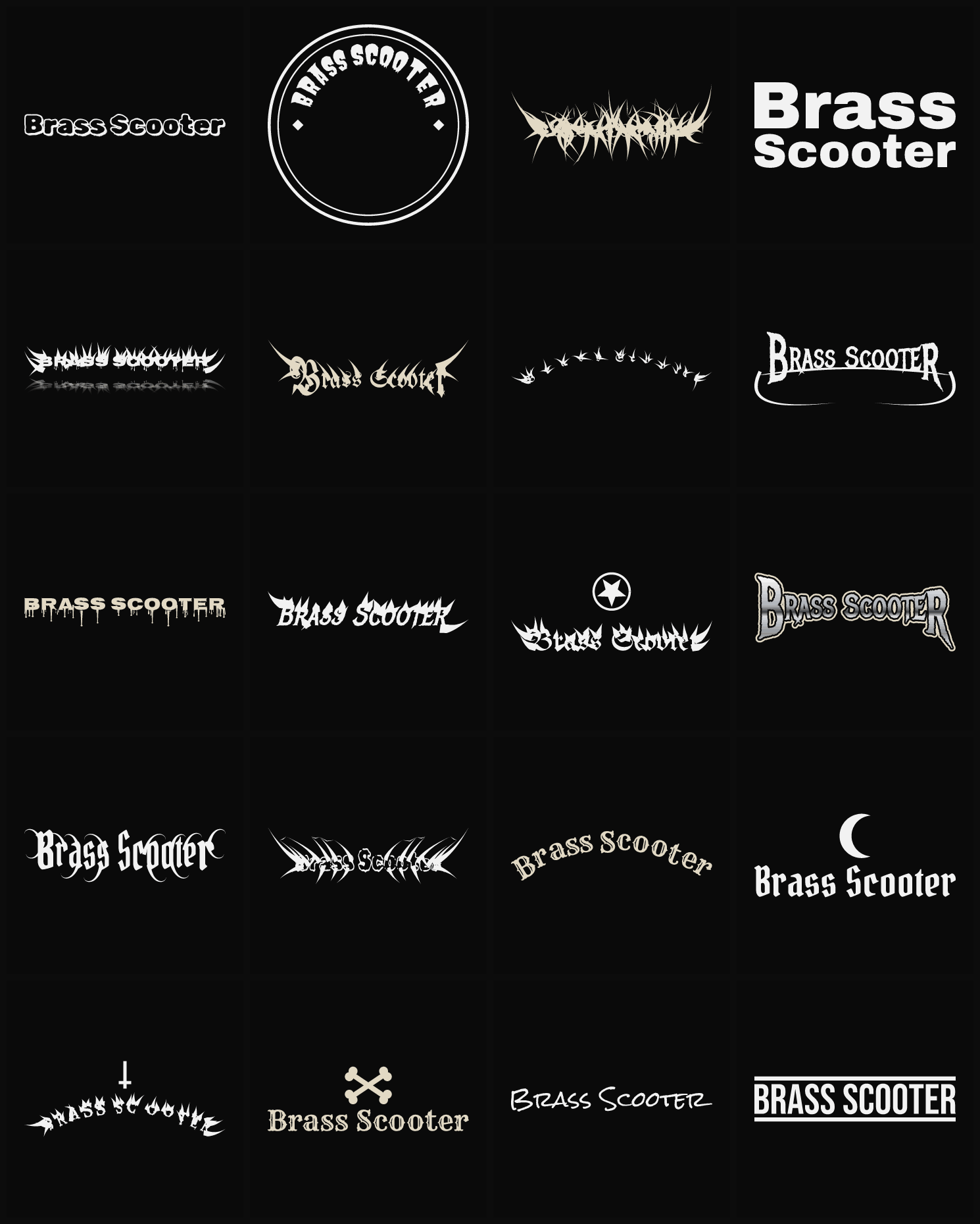 Twenty Brass Scooter band logo ideas — different faces, treatments and spike settings