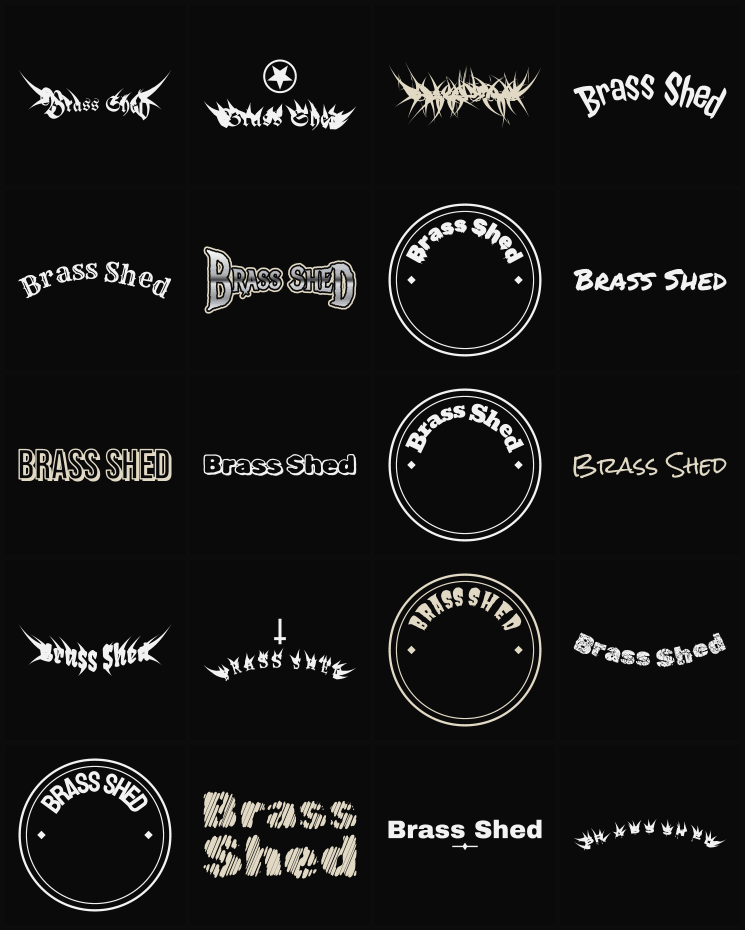 Twenty Brass Shed band logo ideas — different faces, treatments and spike settings